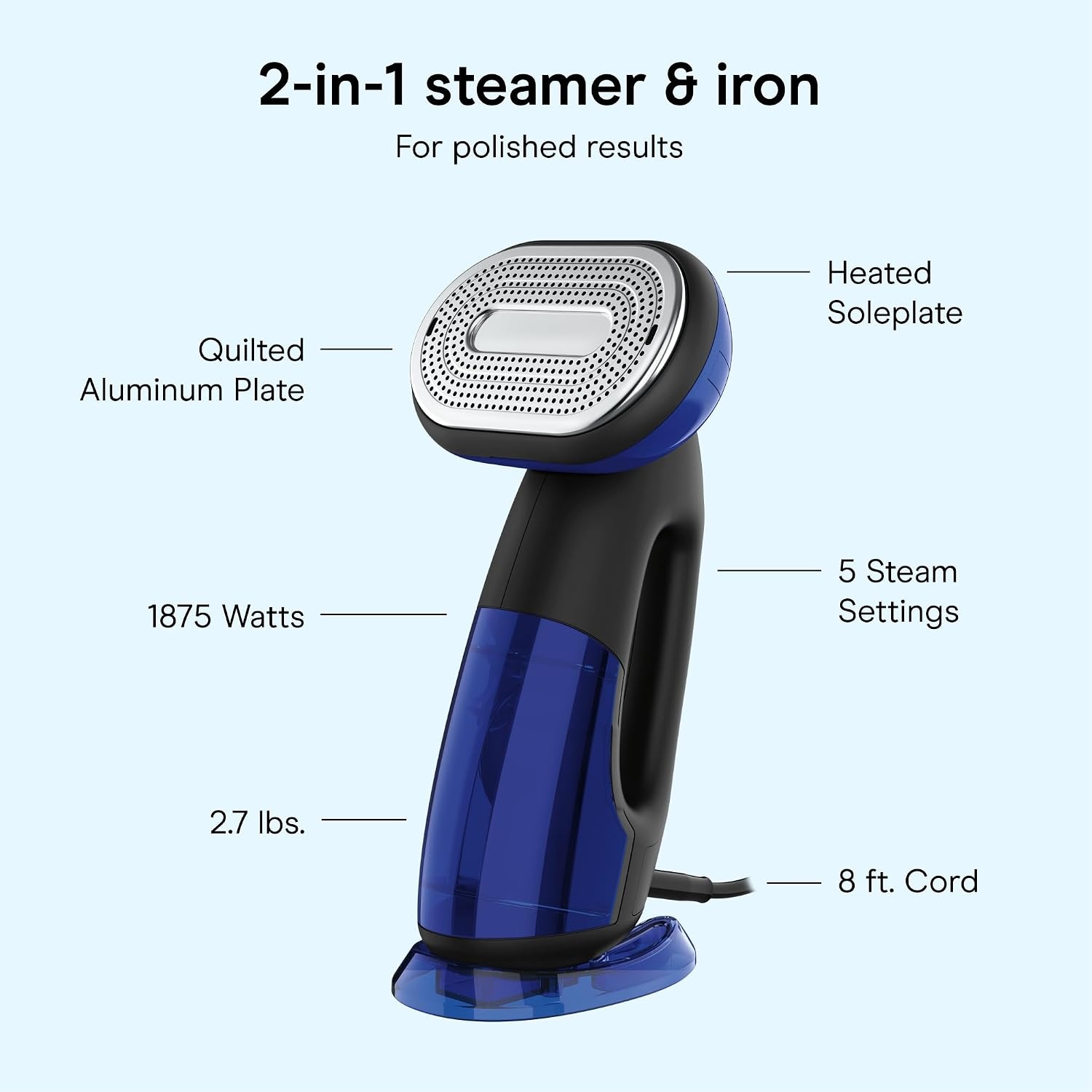 image:imageConair 2in1 Handheld Steamer and Iron for Clothes Turbo ExtremeSteam 1875W Garment Steamer and Clothing IronBlack Blue Versatile vertical or horizontal steam iron with smart sensor and 4 steam levels Blue Model GS108One Size