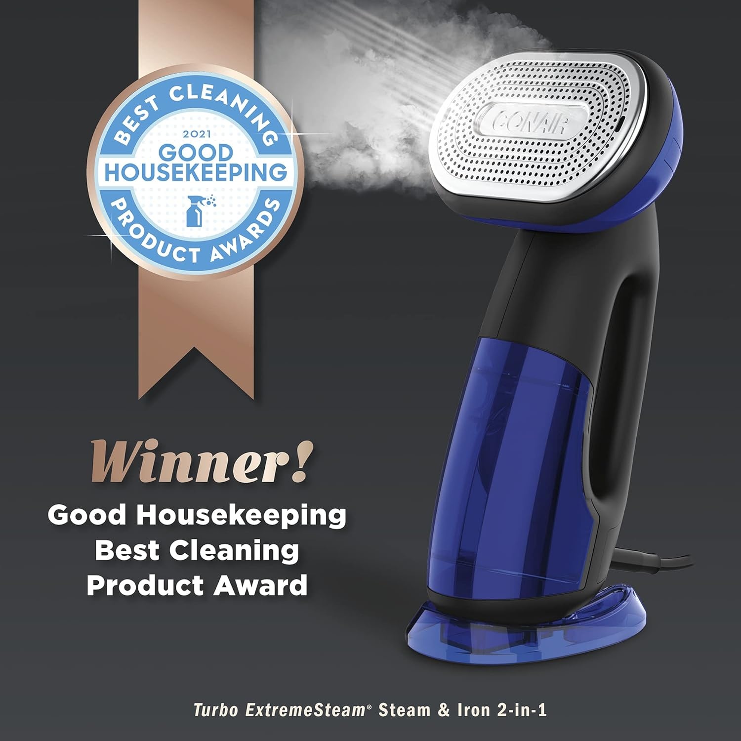image:imageConair 2in1 Handheld Steamer and Iron for Clothes Turbo ExtremeSteam 1875W Garment Steamer and Clothing IronBlack Blue Versatile vertical or horizontal steam iron with smart sensor and 4 steam levels Blue Model GS108One Size Pack of 2