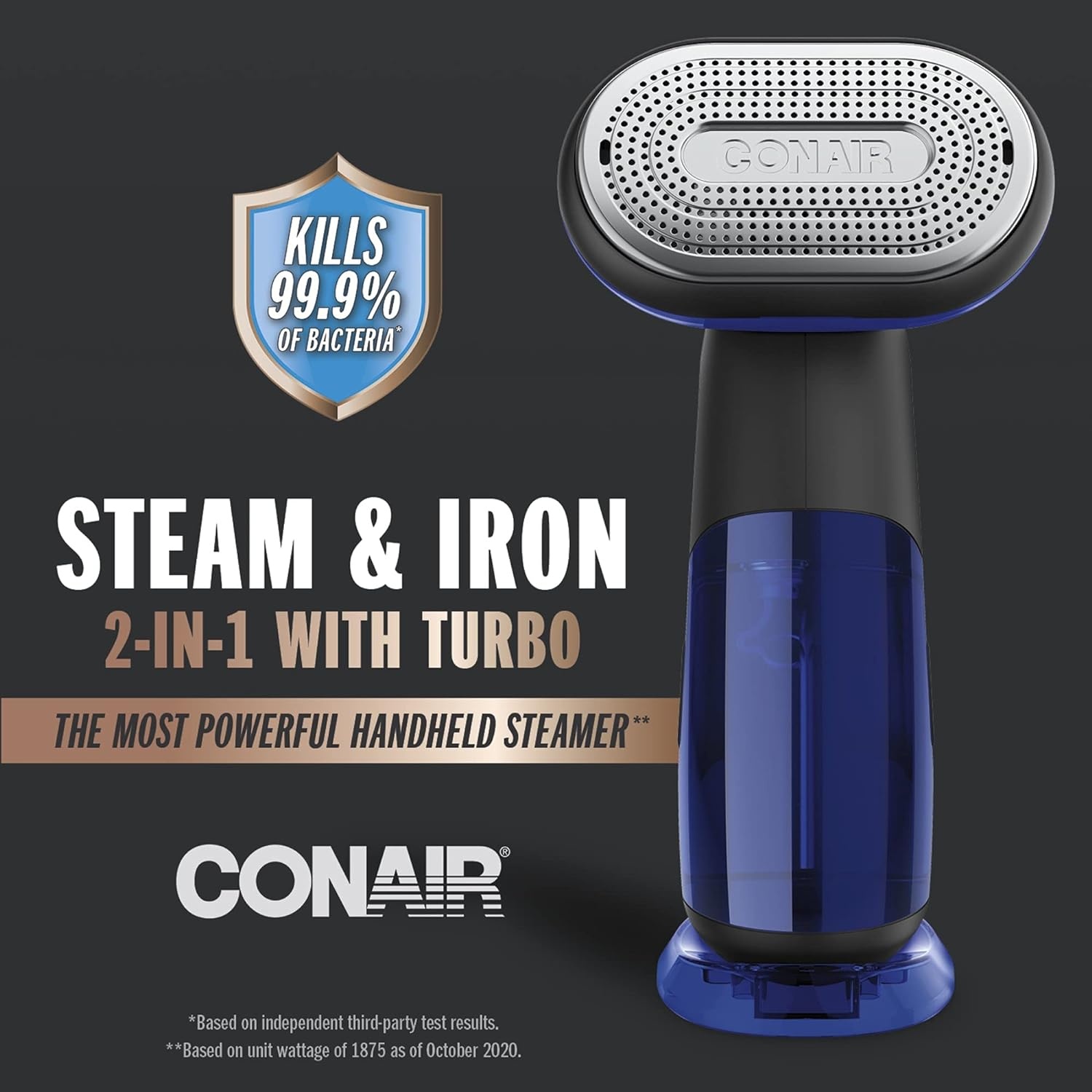 image:imageConair 2in1 Handheld Steamer and Iron for Clothes Turbo ExtremeSteam 1875W Garment Steamer and Clothing IronBlack Blue Versatile vertical or horizontal steam iron with smart sensor and 4 steam levels Blue Model GS108One Size Pack of 2