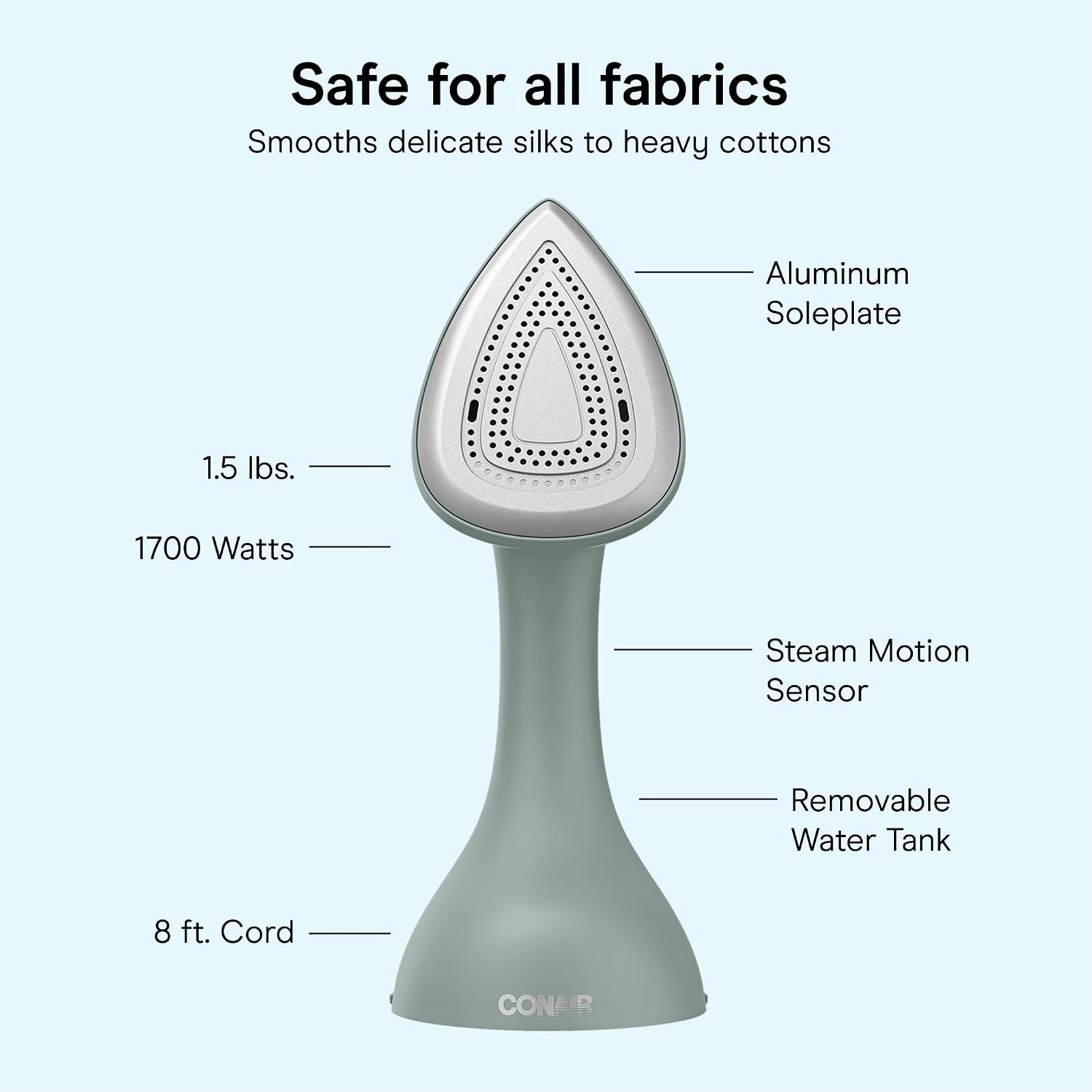 image:imageConair 2in1 Iron Garment Steamer 1700W Turbocharged Steam for All Fabric Types Steam and Press Green GSI200TG