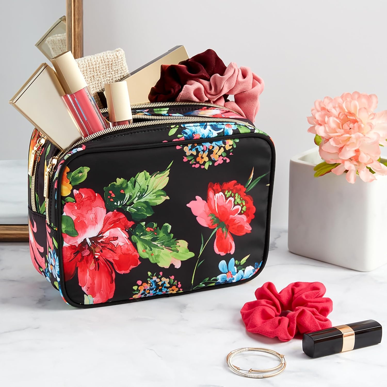 image:imageConair 5 Piece Toiletry and Cosmetic Bag Set Under 30 Includes 1 Large Weekender Bag and 4 Organizer Bags in Blue Swirl Prints Pack of 2Black Floral