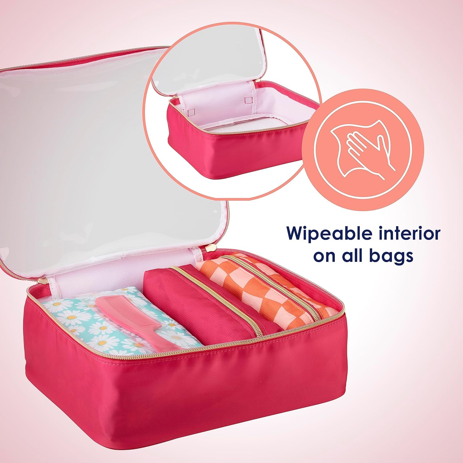 image:imageConair 5 Piece Toiletry and Cosmetic Bag Set Under 30 Includes 1 Large Weekender Bag and 4 Organizer Bags in Blue Swirl Prints Pack of 2Pink Daisy Print