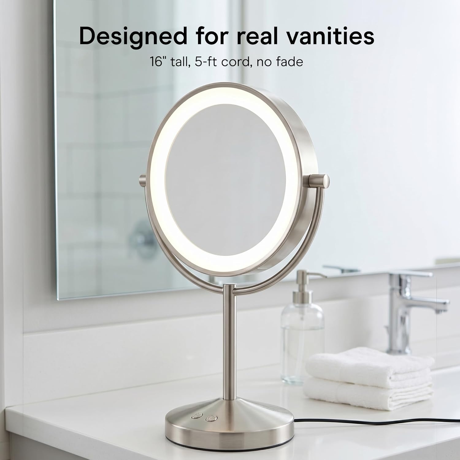 image:imageConair DoubleSided 1X10X Magnifying LED Vanity Mirror 1X10X doublesided mirror with 3 LED color modes and 360 rotation Satin Nickel Model BE401X23Satin Nickel
