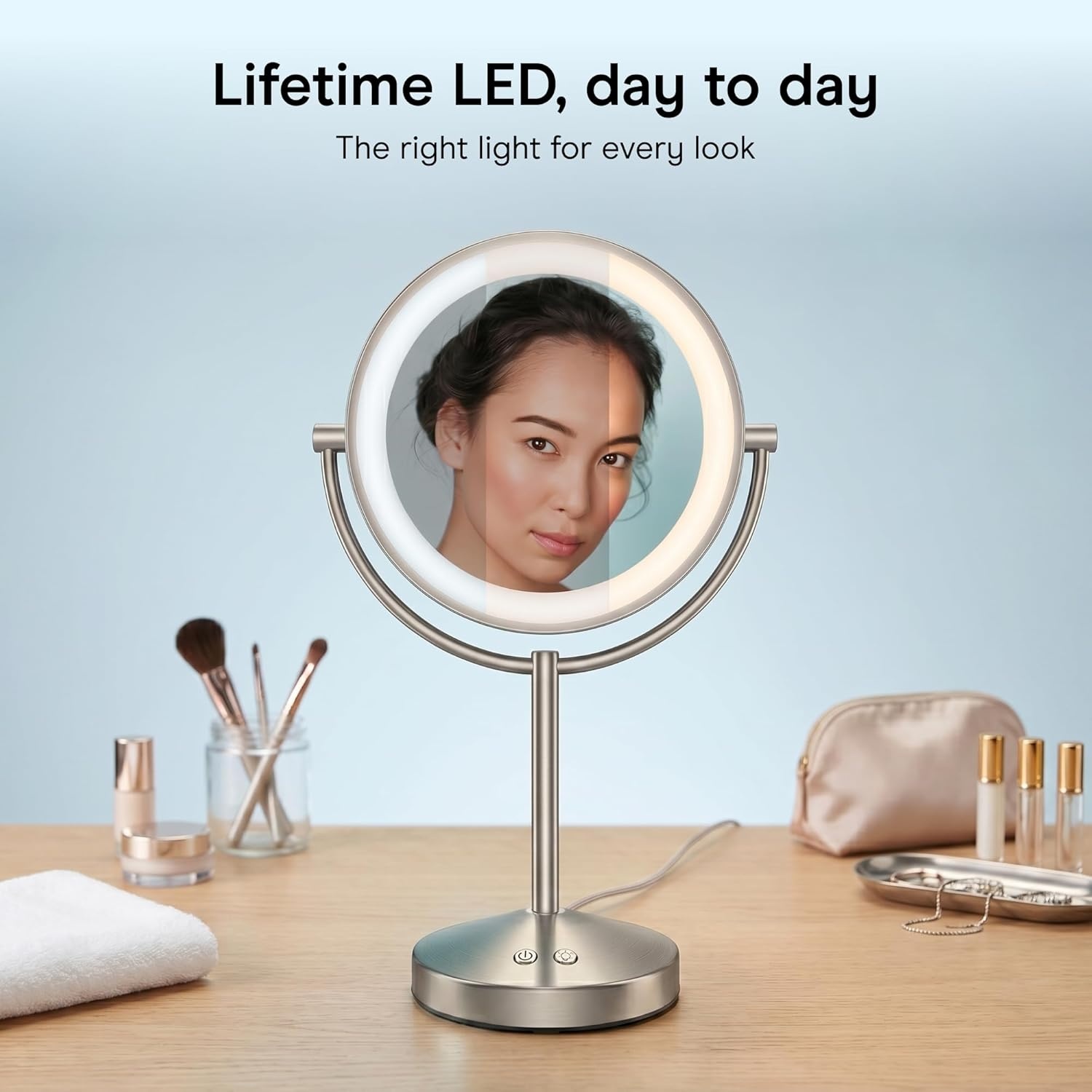 image:imageConair DoubleSided 1X10X Magnifying LED Vanity Mirror 1X10X doublesided mirror with 3 LED color modes and 360 rotation Satin Nickel Model BE401X23Satin Nickel