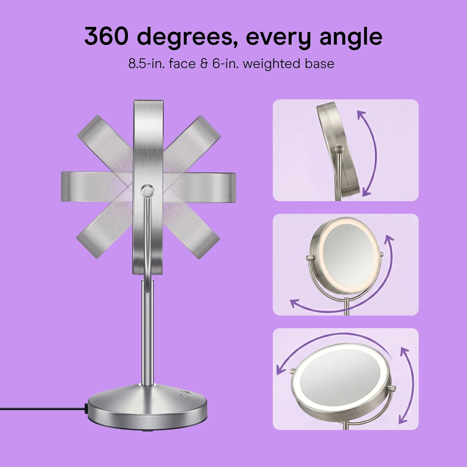 image:imageConair DoubleSided 1X10X Magnifying LED Vanity Mirror 1X10X doublesided mirror with 3 LED color modes and 360 rotation Satin Nickel Model BE401X23Satin Nickel