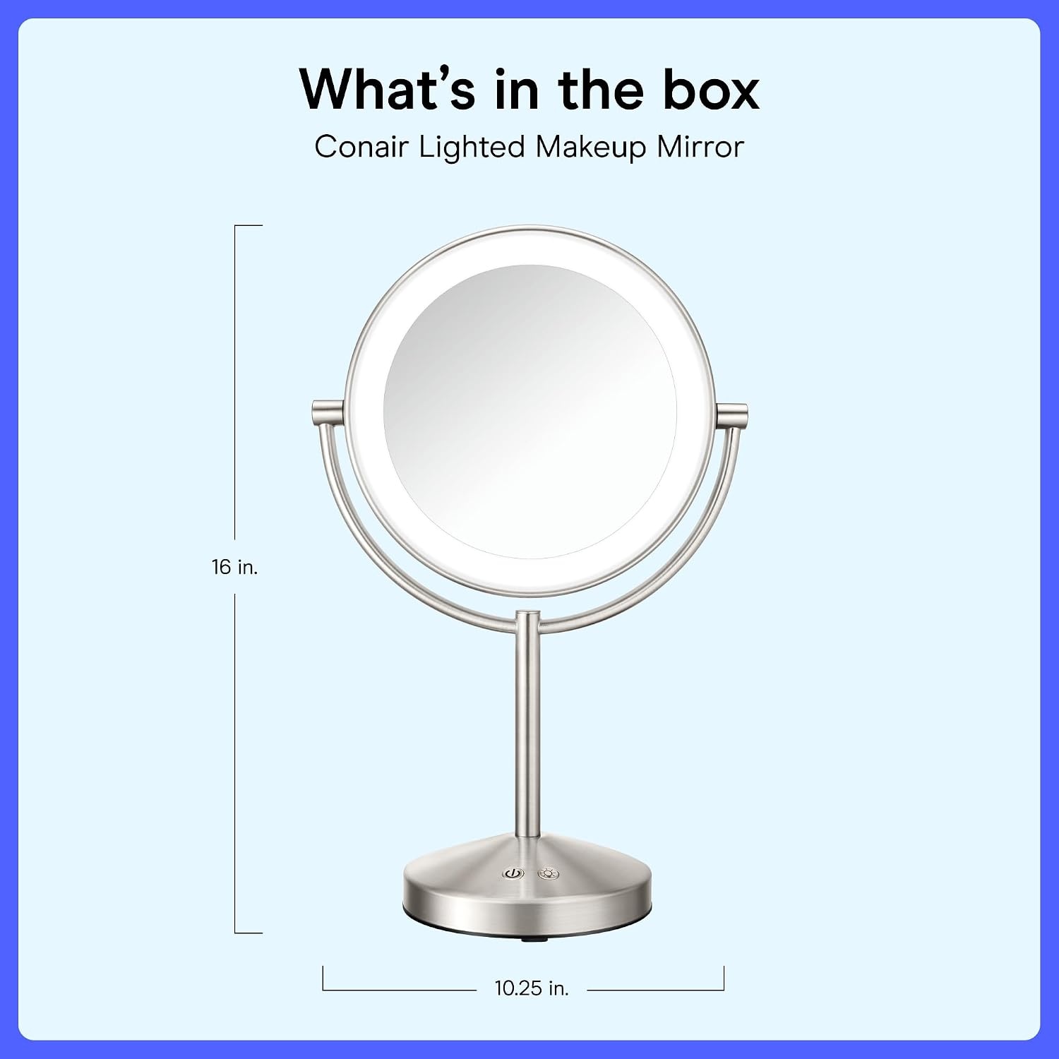 image:imageConair DoubleSided 1X10X Magnifying LED Vanity Mirror 1X10X doublesided mirror with 3 LED color modes and 360 rotation Satin Nickel Model BE401X23Satin Nickel