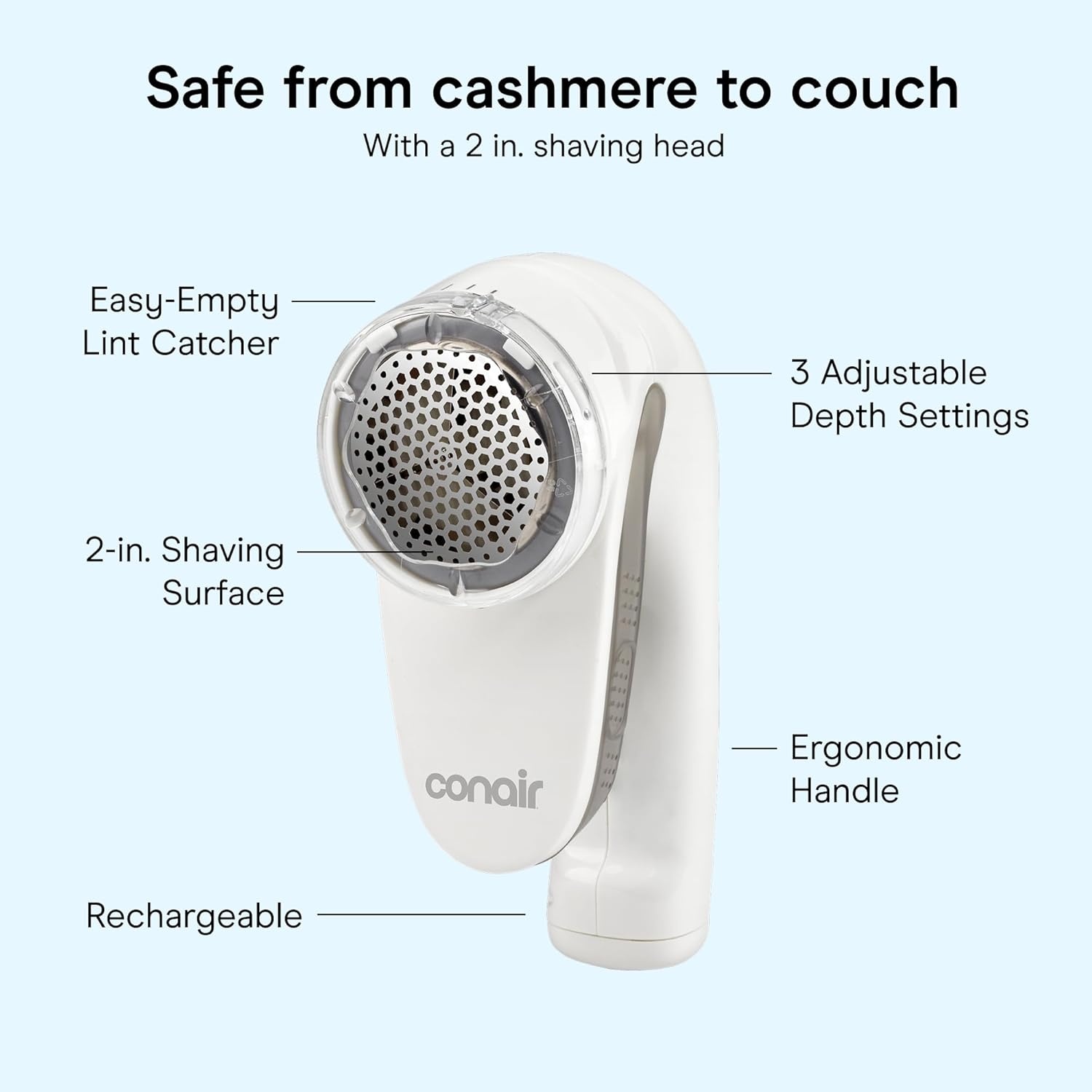 image:imageConair Fabric Shaver and Lint Remover Rechargeable Portable Clothes Shaver with 3 Settings Fuzz Remover for Sweaters Clothing and Furniture Large 2Inch Shaving Head WhitePack of 1