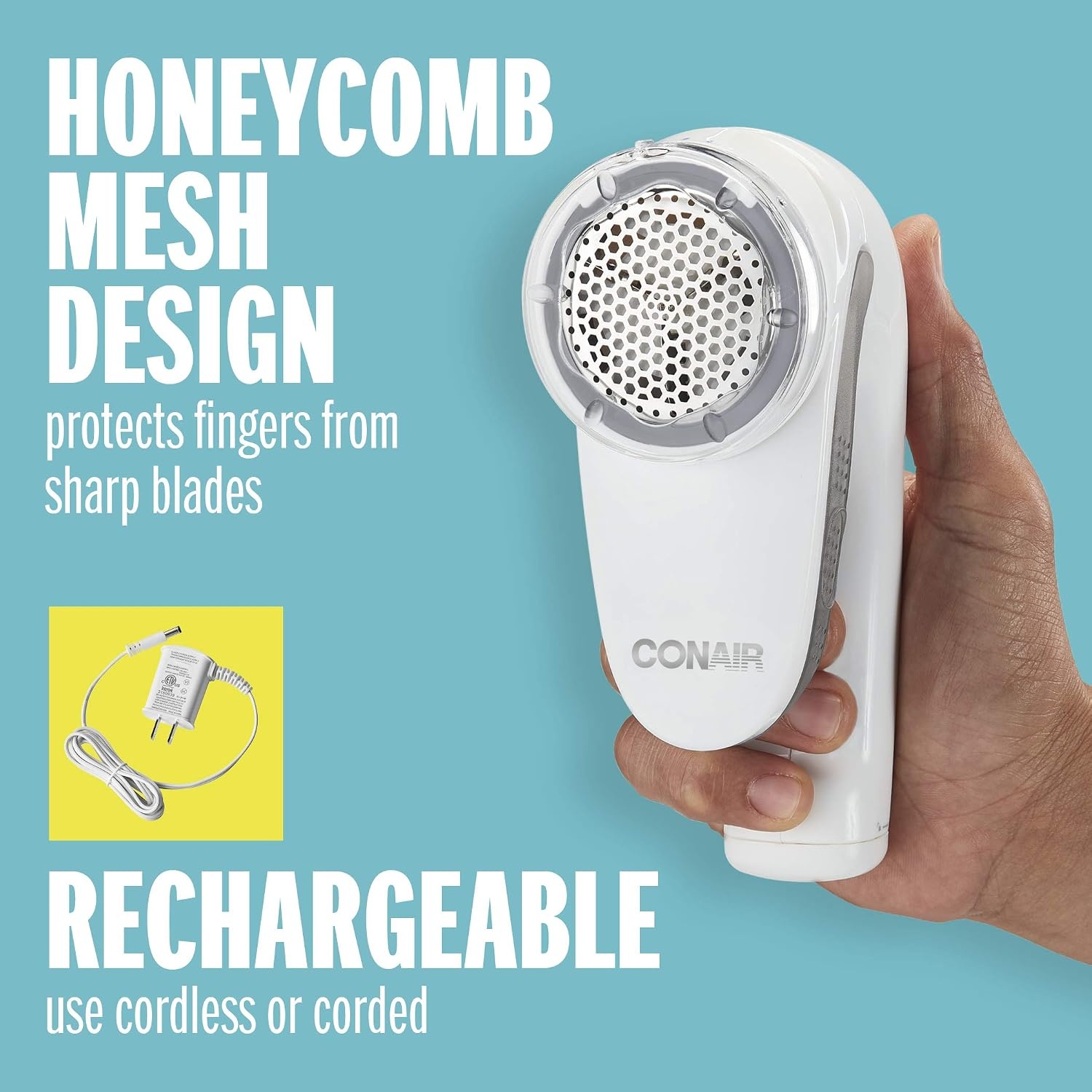 image:imageConair Fabric Shaver and Lint Remover Rechargeable Portable Clothes Shaver with 3 Settings Fuzz Remover for Sweaters Clothing and Furniture Large 2Inch Shaving Head WhitePack of 6
