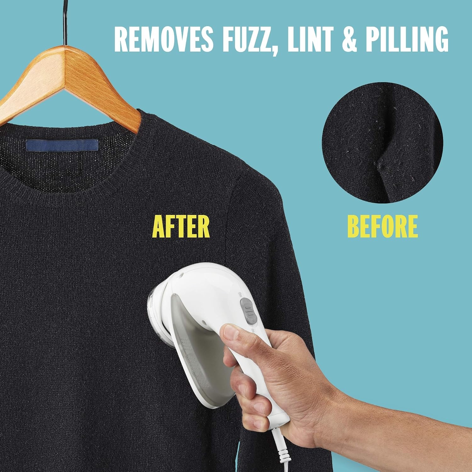 image:imageConair Fabric Shaver and Lint Remover Rechargeable Portable Clothes Shaver with 3 Settings Fuzz Remover for Sweaters Clothing and Furniture Large 2Inch Shaving Head WhitePack of 6