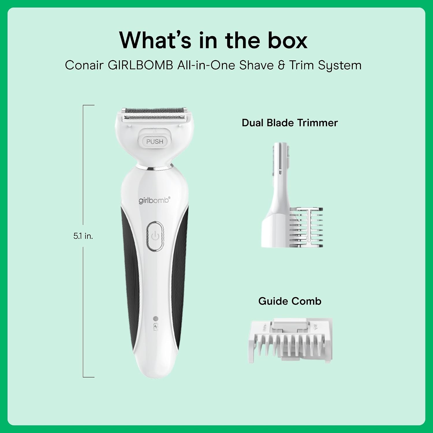 image:imageConair Girlbomb AllinOne Shave amp Trim System Foil Shaver and DualBlade Face amp Eyebrow Trimmer Bikini Trimmer for Women Gentle Hair Removal LithiumIon Rechargeable with USB Charging Cord White