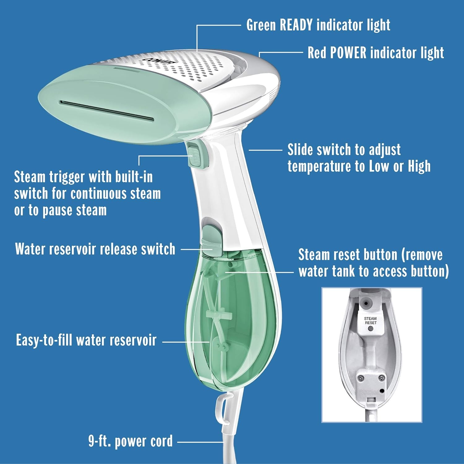 image:imageConair Handheld Garment Steamer for Clothes ExtremeSteam 1200W Portable Handheld DesignWhiteLight GreenWhite Mint Green