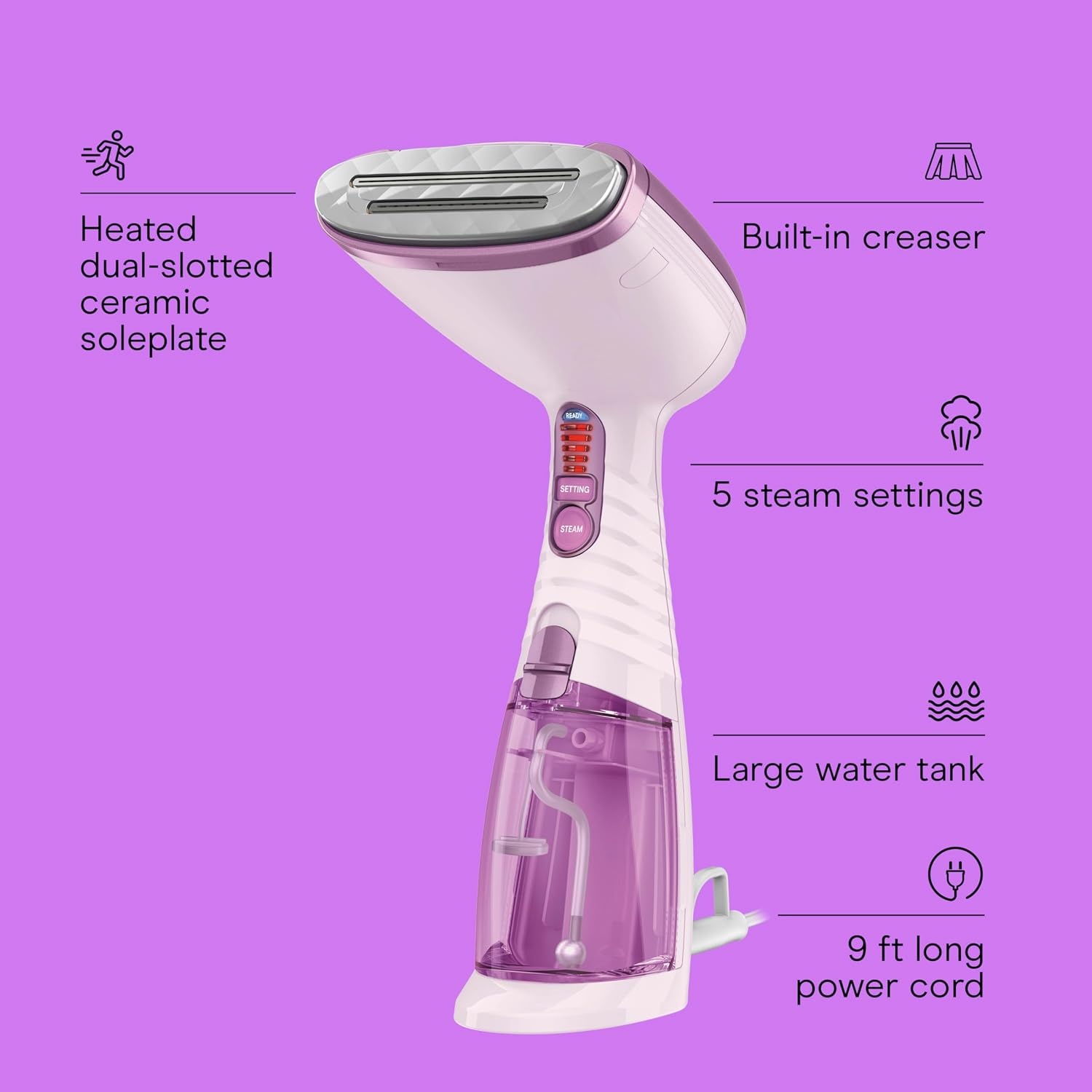image:imageConair Handheld Garment Steamer for Clothes Turbo ExtremeSteam 1875W Fabric Steamer Portable Handheld Design Strong Penetrating Steam Amazon Exclusive Purple