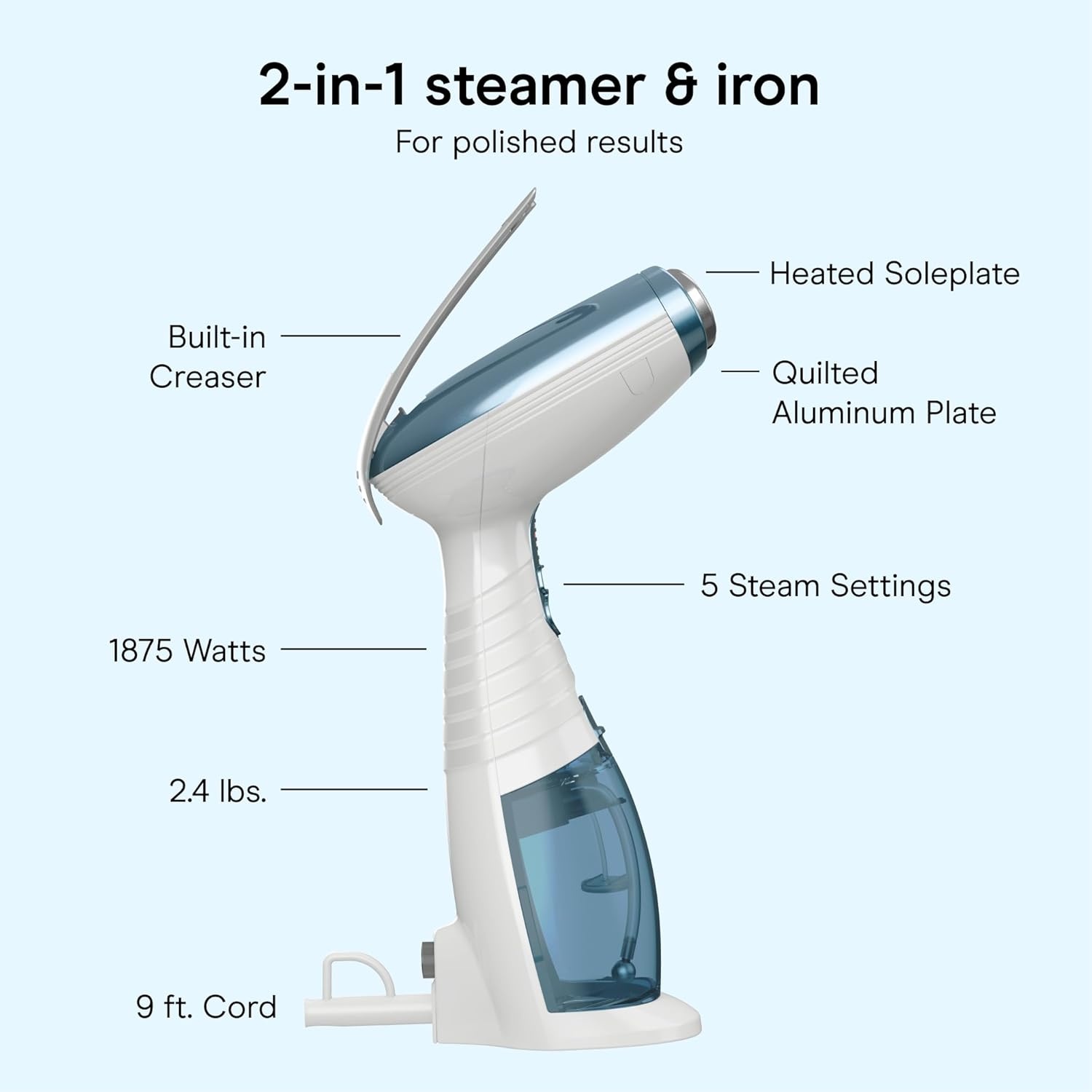 image:imageConair Handheld Garment Steamer for Clothes Turbo ExtremeSteam 1875W Fabric Steamer Portable Handheld Design Strong Penetrating Steam WhiteChampagneBlue