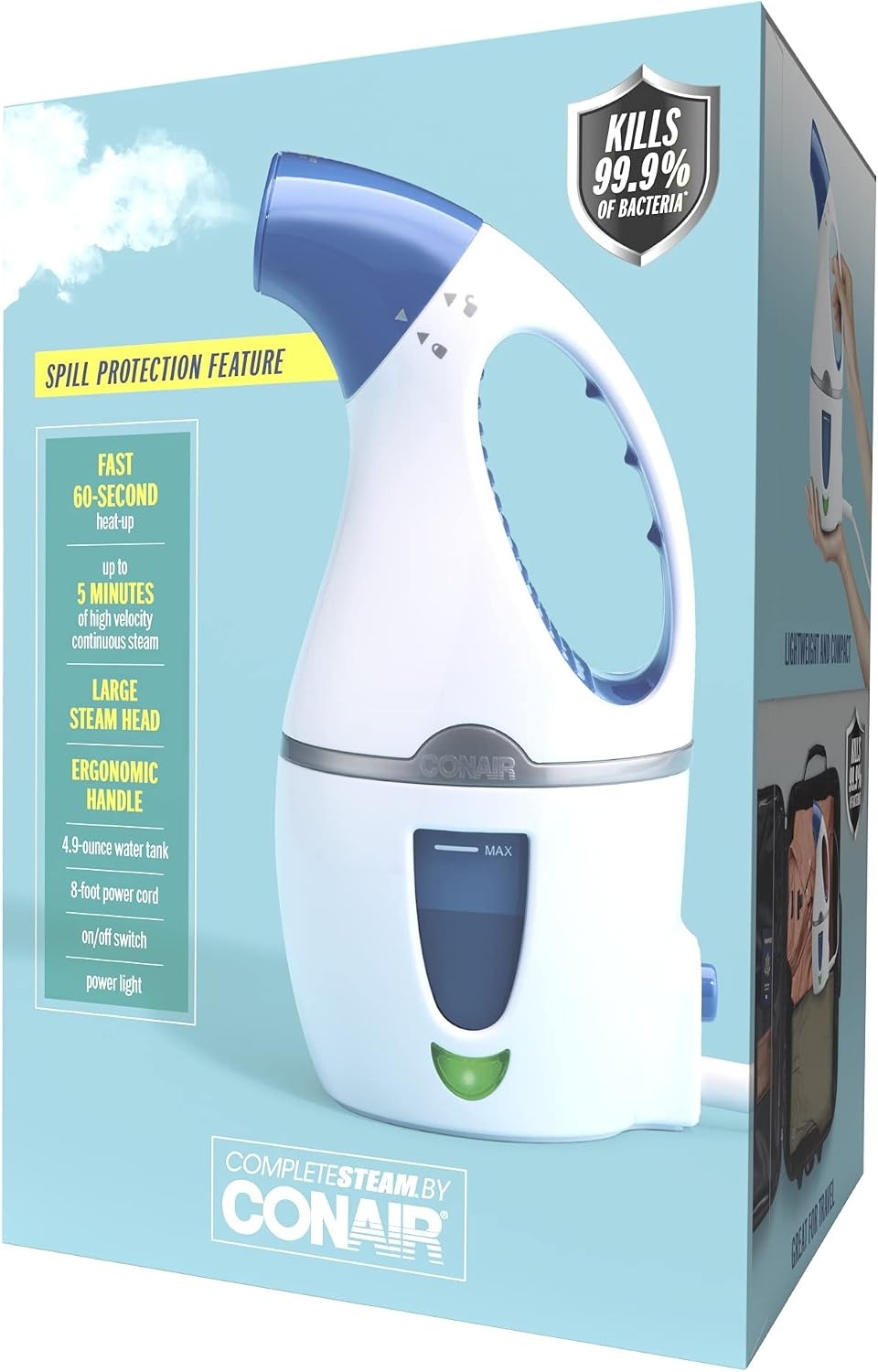 image:imageConair Handheld Travel Garment Steamer for Clothes CompleteSteam 1100W For Home Office and TravelBlackWhite Blue