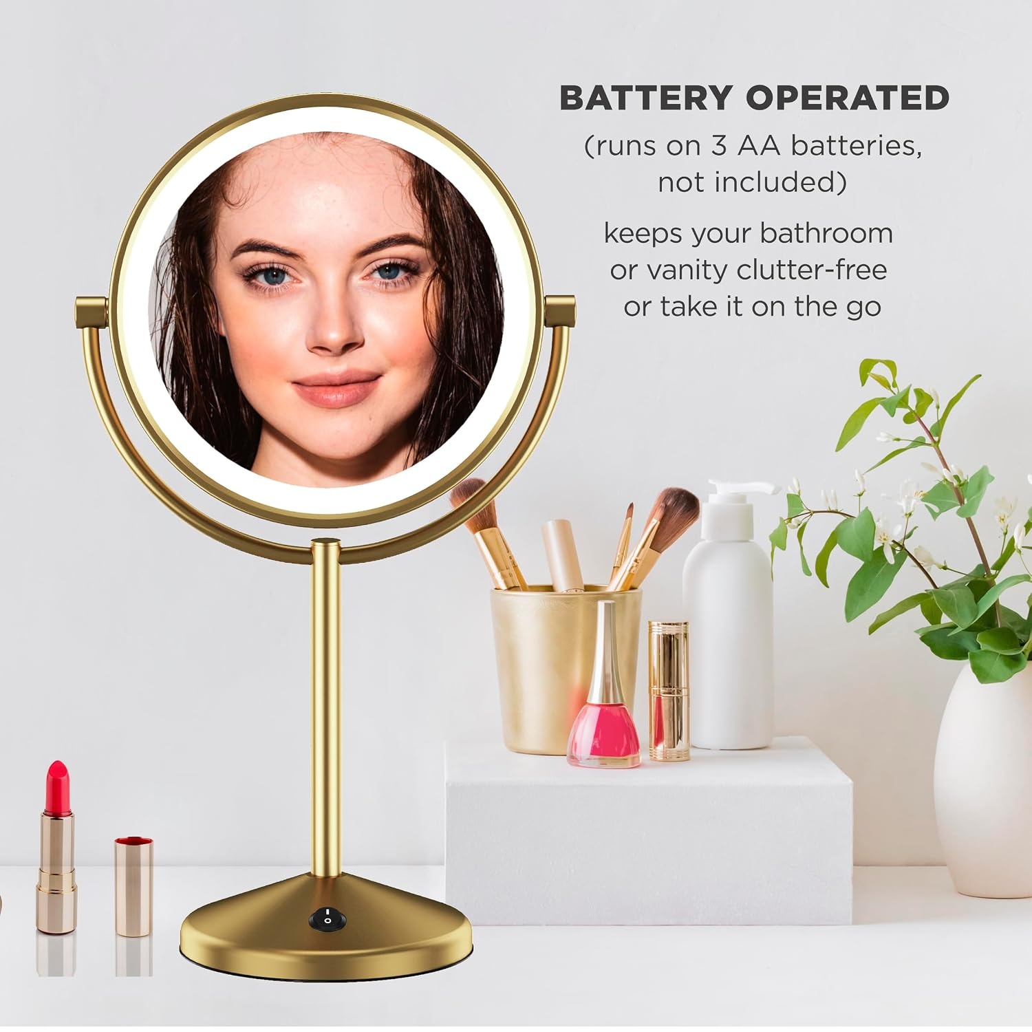 image:imageConair Lighted Makeup Mirror LED Vanity Mirror 1X10X Magnifying Mirror Double Sided Battery Operated in Brushed Brass