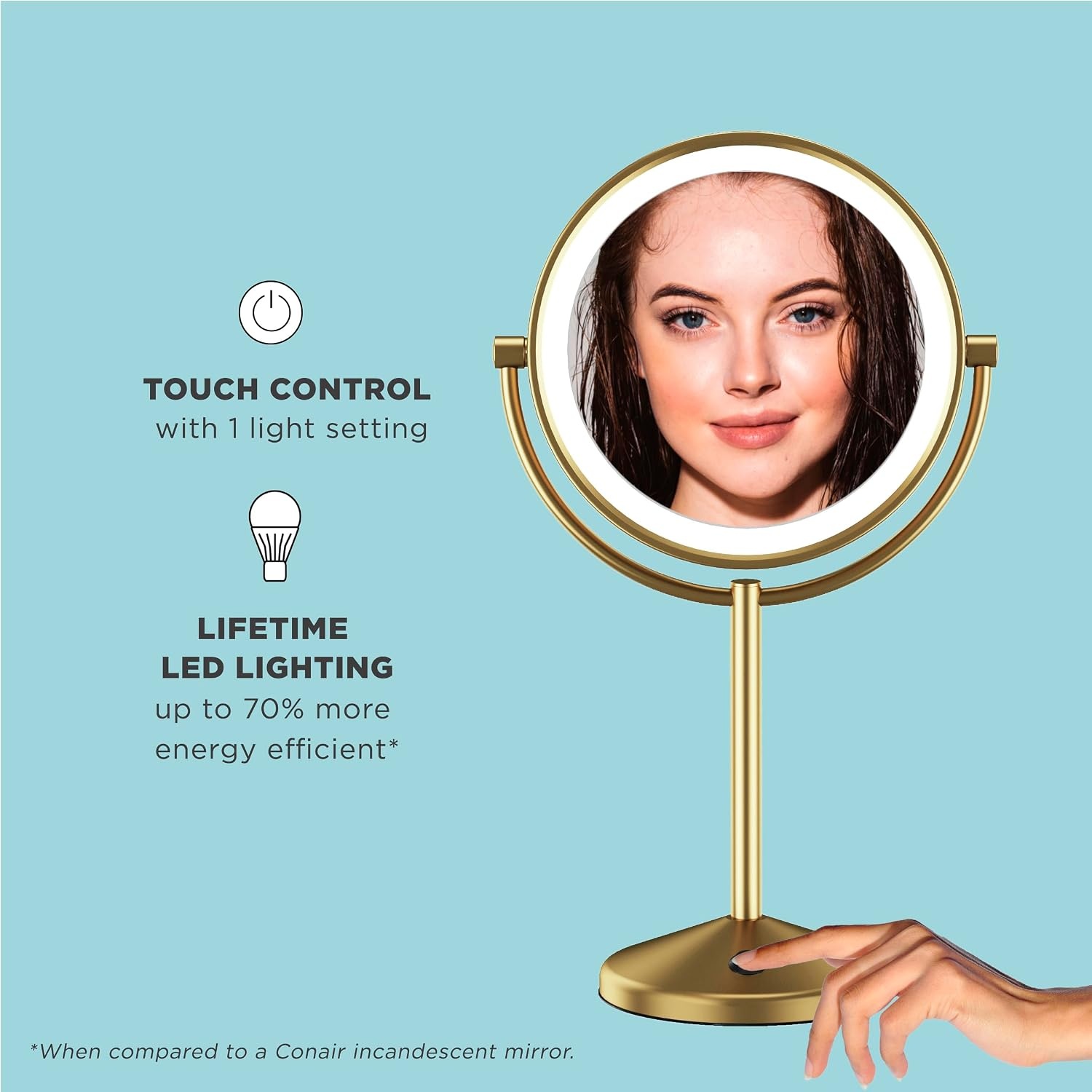 image:imageConair Lighted Makeup Mirror LED Vanity Mirror 1X10X Magnifying Mirror Double Sided Battery Operated in Brushed Brass