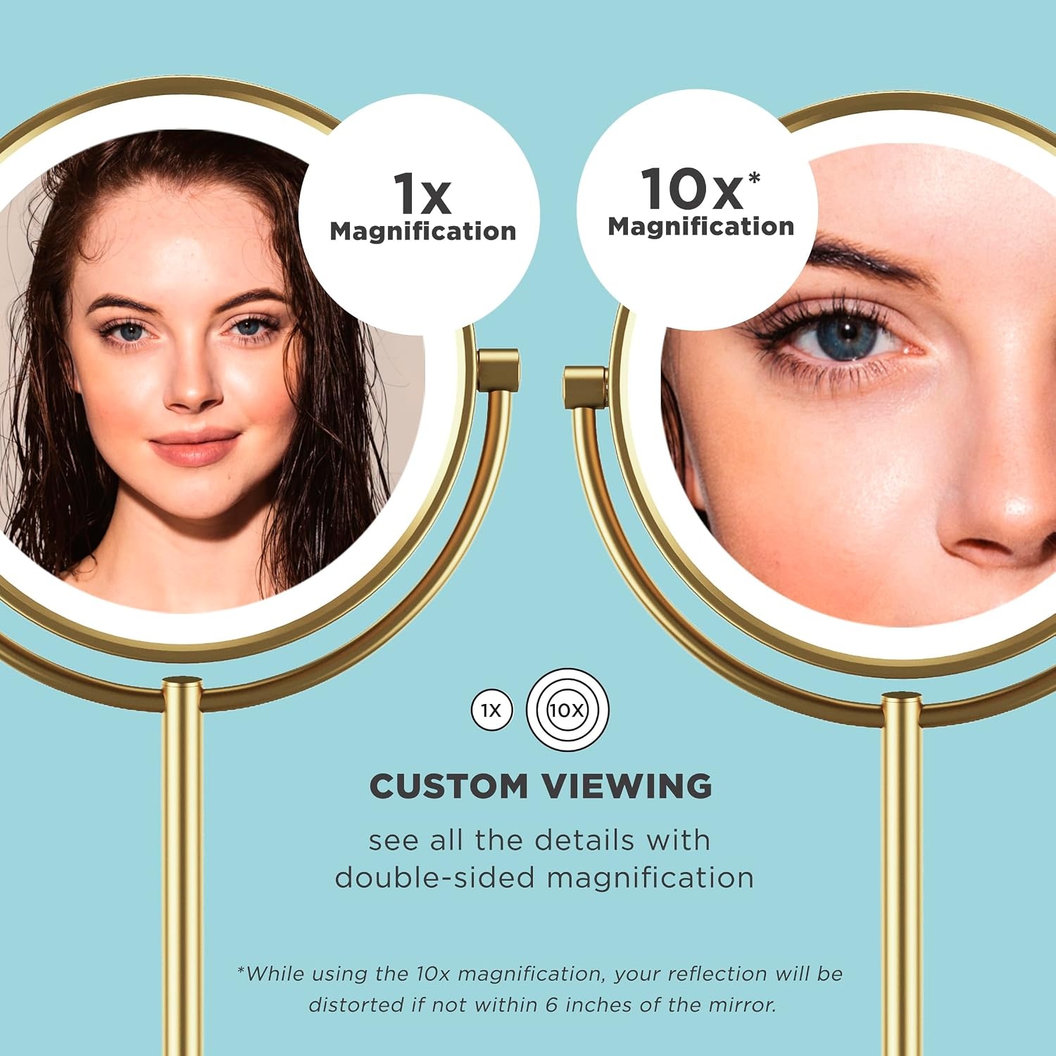 image:imageConair Lighted Makeup Mirror LED Vanity Mirror 1X10X Magnifying Mirror Double Sided Battery Operated in Brushed Brass