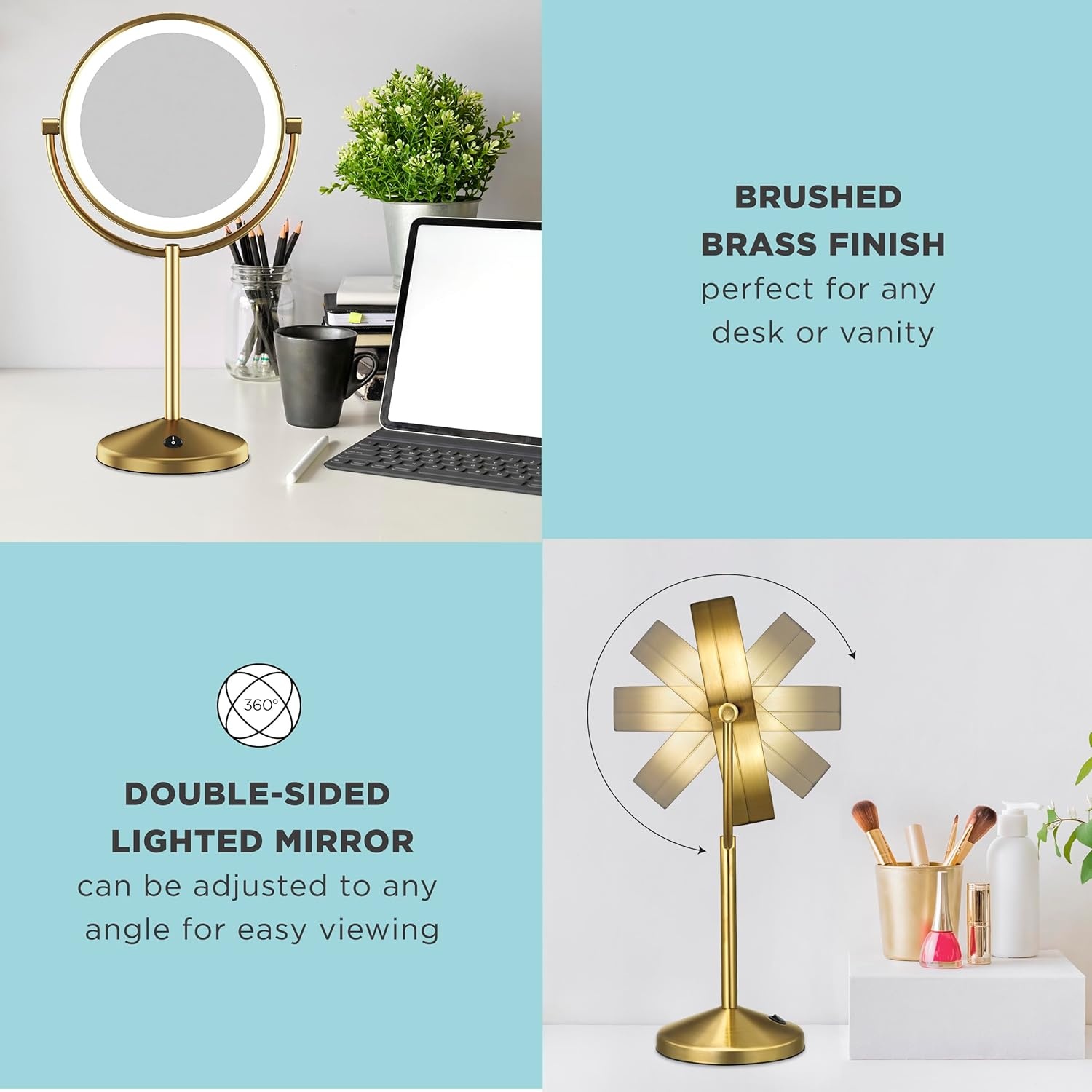 image:imageConair Lighted Makeup Mirror LED Vanity Mirror 1X10X Magnifying Mirror Double Sided Battery Operated in Brushed Brass