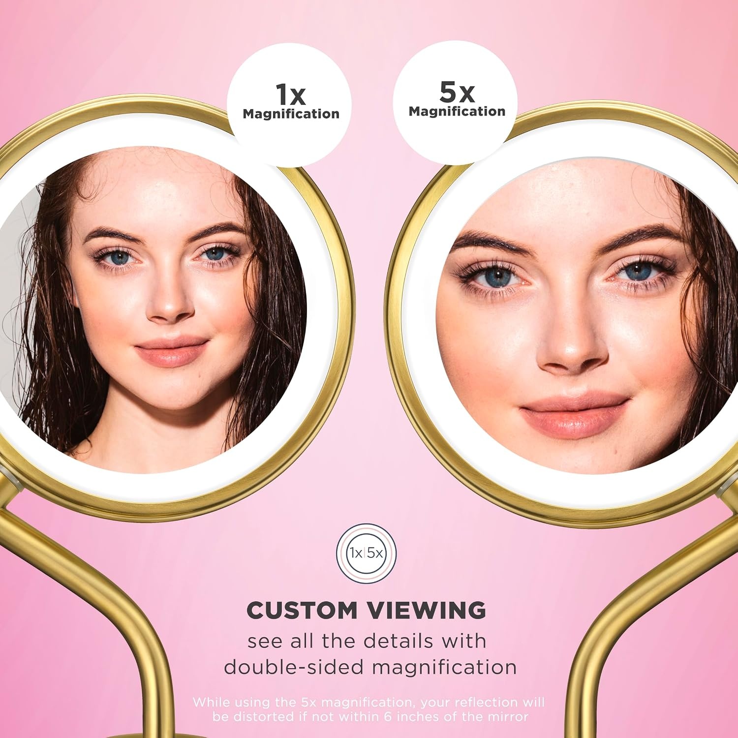 image:imageConair Lighted Makeup Mirror LED Vanity Mirror 1X5X Magnifying Mirror Battery Operated in Brushed BrassBrushed Brass 1X5X Magnification