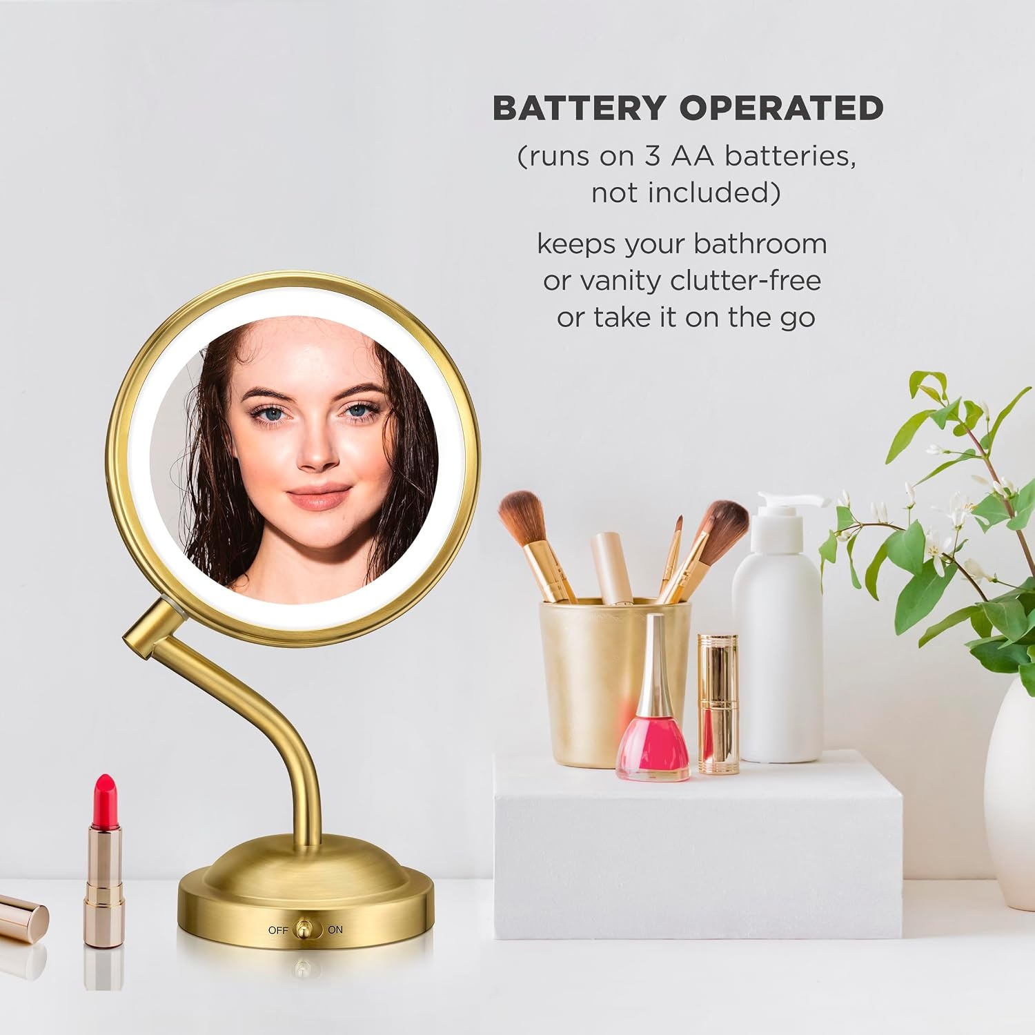 image:imageConair Lighted Makeup Mirror LED Vanity Mirror 1X5X Magnifying Mirror Battery Operated in Brushed BrassBrushed Brass 1X5X Magnification