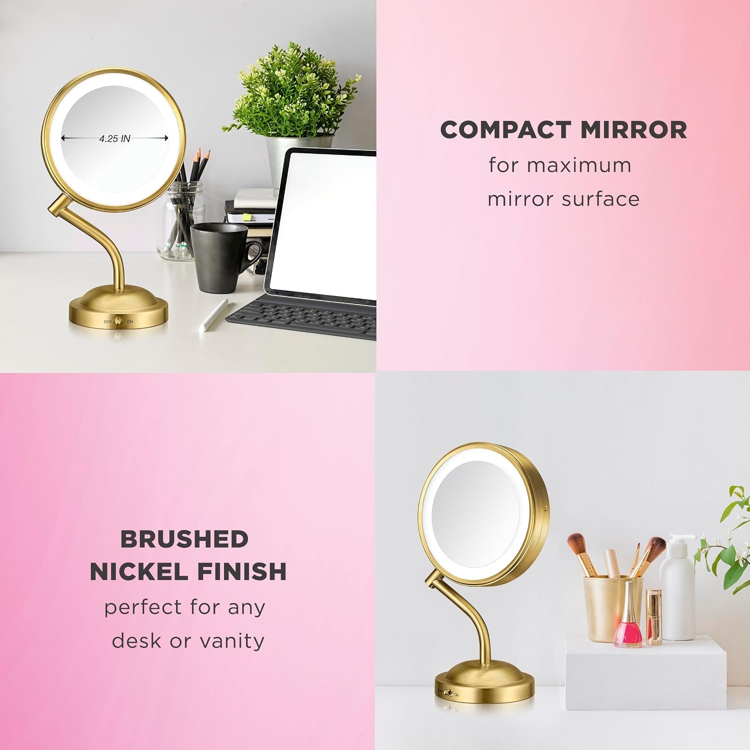 image:imageConair Lighted Makeup Mirror LED Vanity Mirror 1X5X Magnifying Mirror Battery Operated in Brushed BrassBrushed Brass 1X5X Magnification