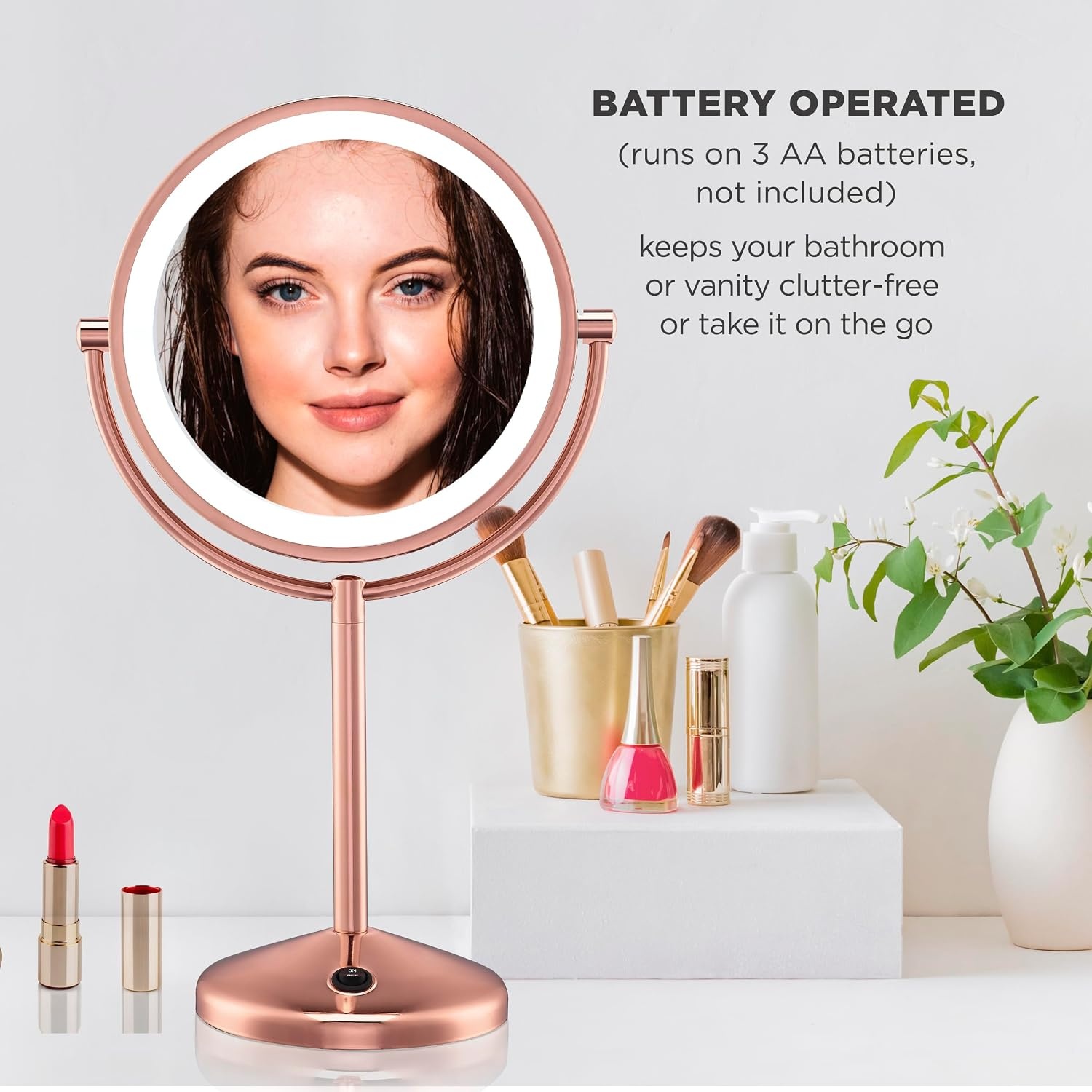 image:imageConair Lighted Makeup Mirror LED Vanity Mirror 1X5X Magnifying Mirror Battery Operated in Brushed BrassRose Gold 1X10X Magnification