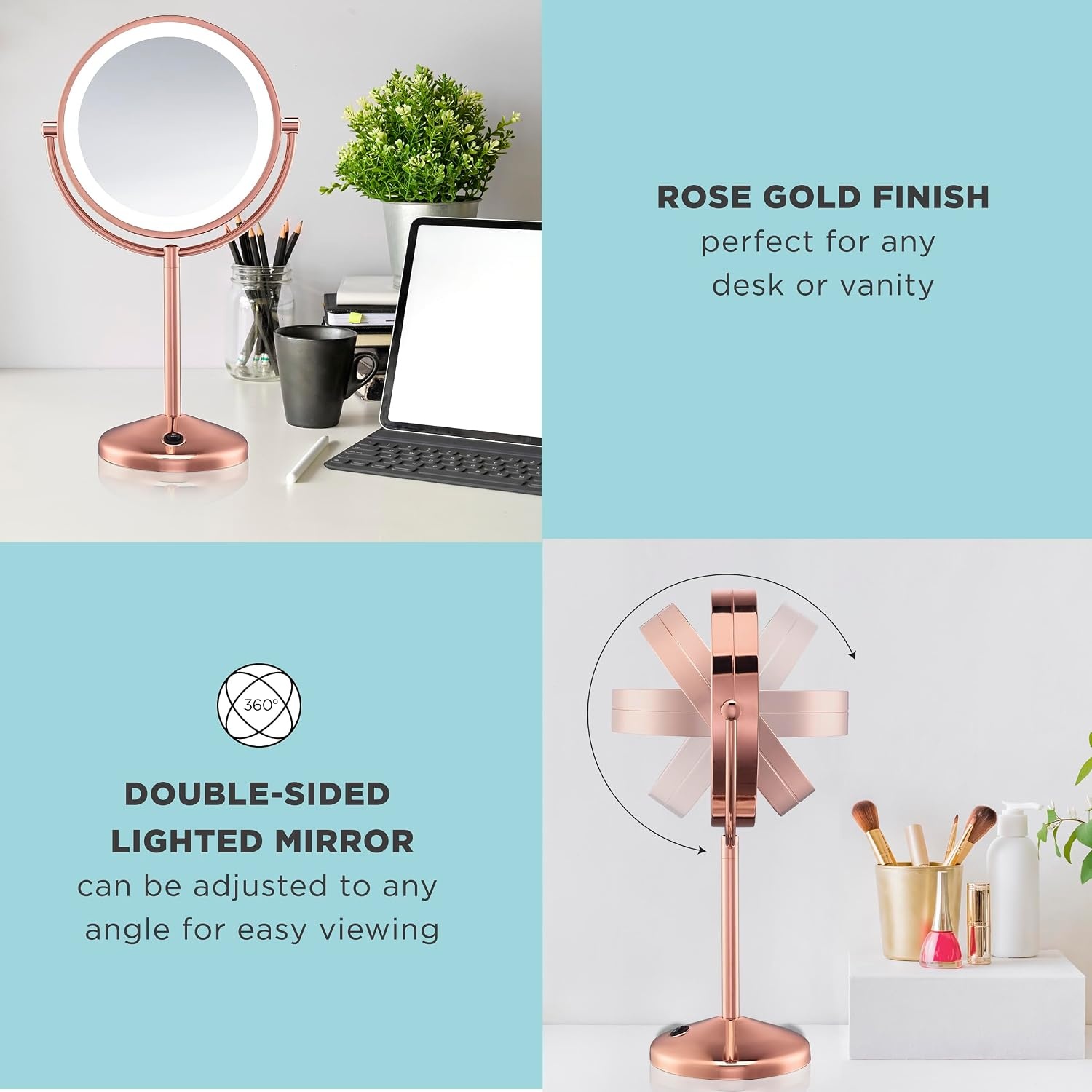 image:imageConair Lighted Makeup Mirror LED Vanity Mirror 1X5X Magnifying Mirror Battery Operated in Brushed BrassRose Gold 1X10X Magnification