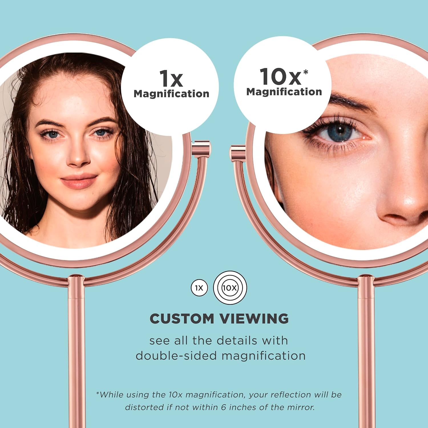 image:imageConair Lighted Makeup Mirror LED Vanity Mirror 1X5X Magnifying Mirror Battery Operated in Brushed BrassRose Gold 1X10X Magnification