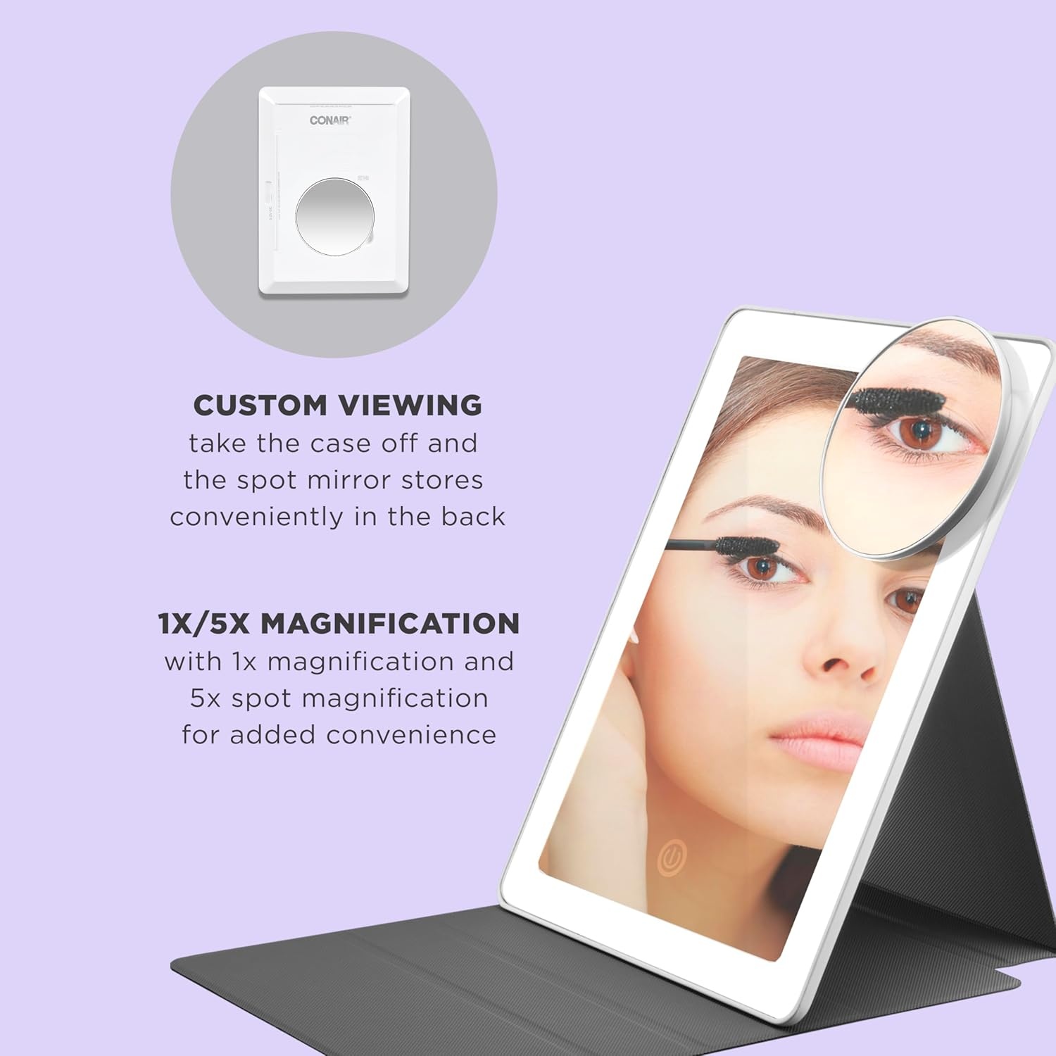 image:imageConair Lighted Makeup Mirror LED Vanity Mirror 1X5X Magnifying Mirror Foldable with Case Battery Operated and Rechargeable in WhiteWhite With Case
