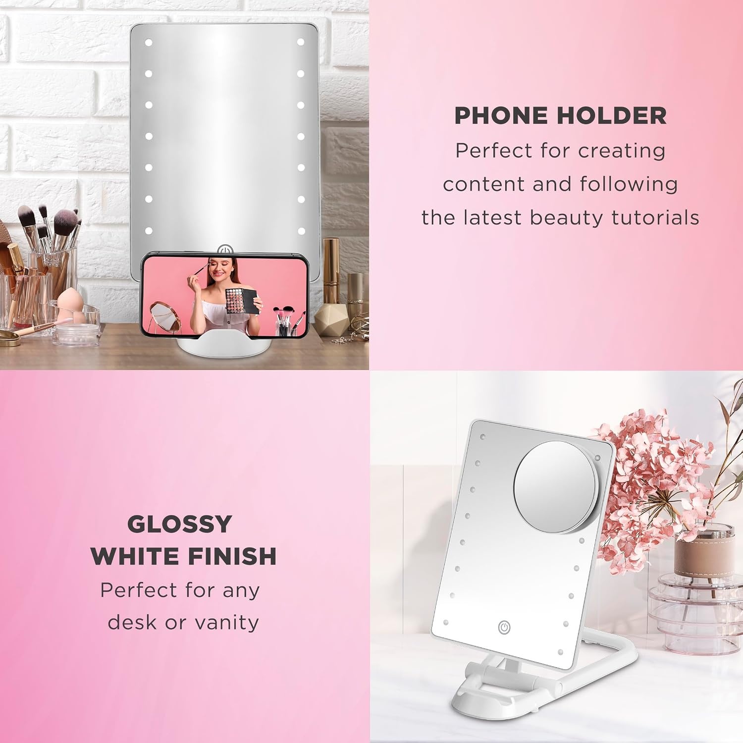 image:imageConair Lighted Makeup Mirror LED Vanity Mirror 1X5X Magnifying Mirror Foldable with Case Battery Operated and Rechargeable in WhiteWhite With Phone Holder
