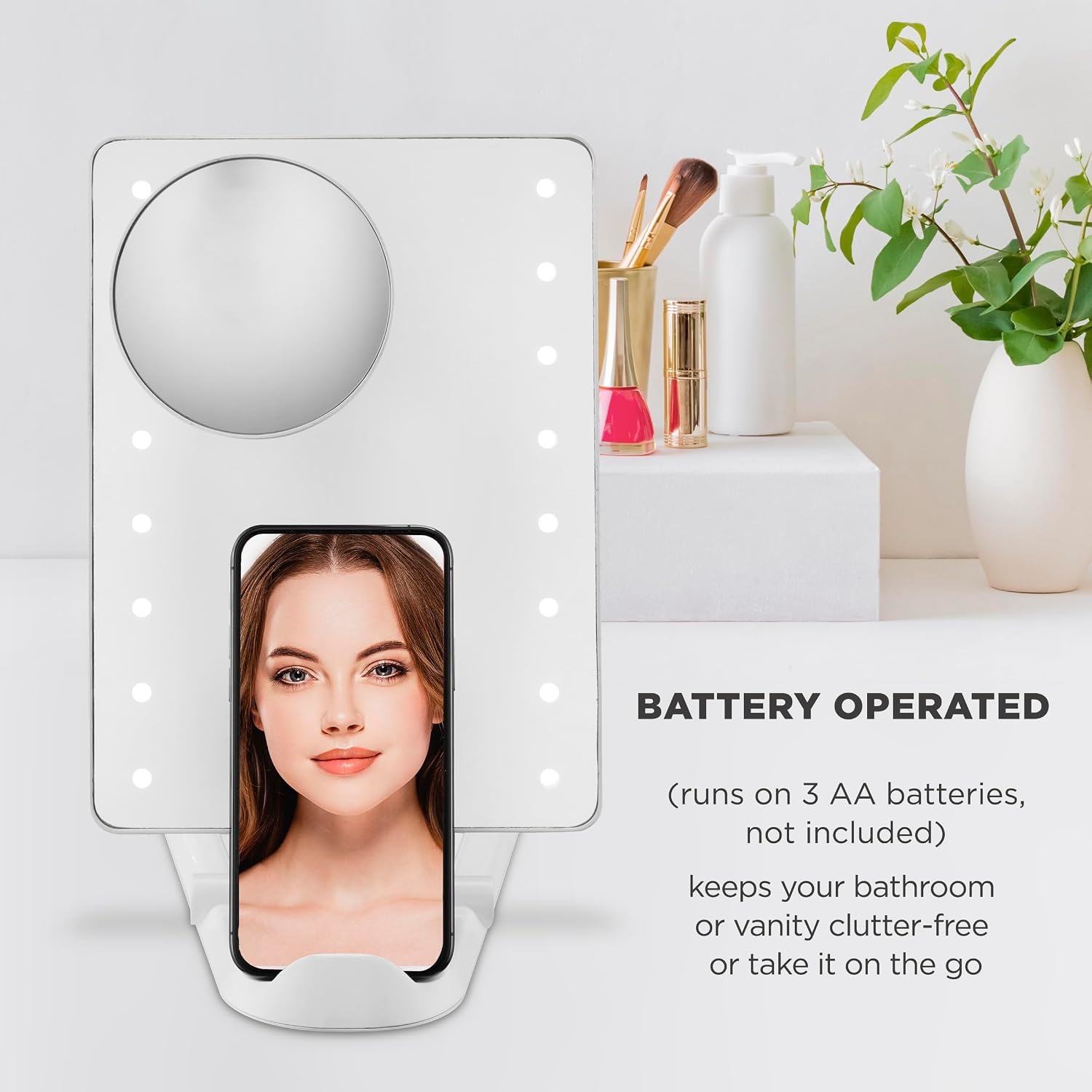 image:imageConair Lighted Makeup Mirror LED Vanity Mirror 1X5X Magnifying Mirror Foldable with Case Battery Operated and Rechargeable in WhiteWhite With Phone Holder