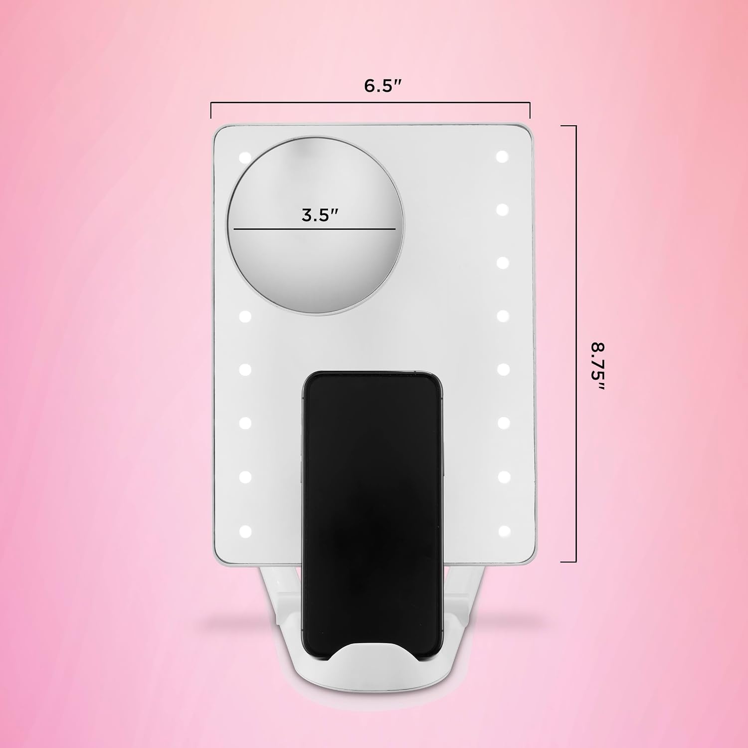image:imageConair Lighted Makeup Mirror LED Vanity Mirror 1X5X Magnifying Mirror Foldable with Case Battery Operated and Rechargeable in WhiteWhite With Phone Holder