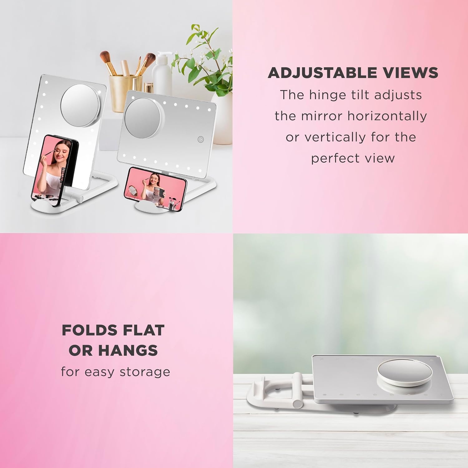 image:imageConair Lighted Makeup Mirror LED Vanity Mirror 1X5X Magnifying Mirror Foldable with Case Battery Operated and Rechargeable in WhiteWhite With Phone Holder