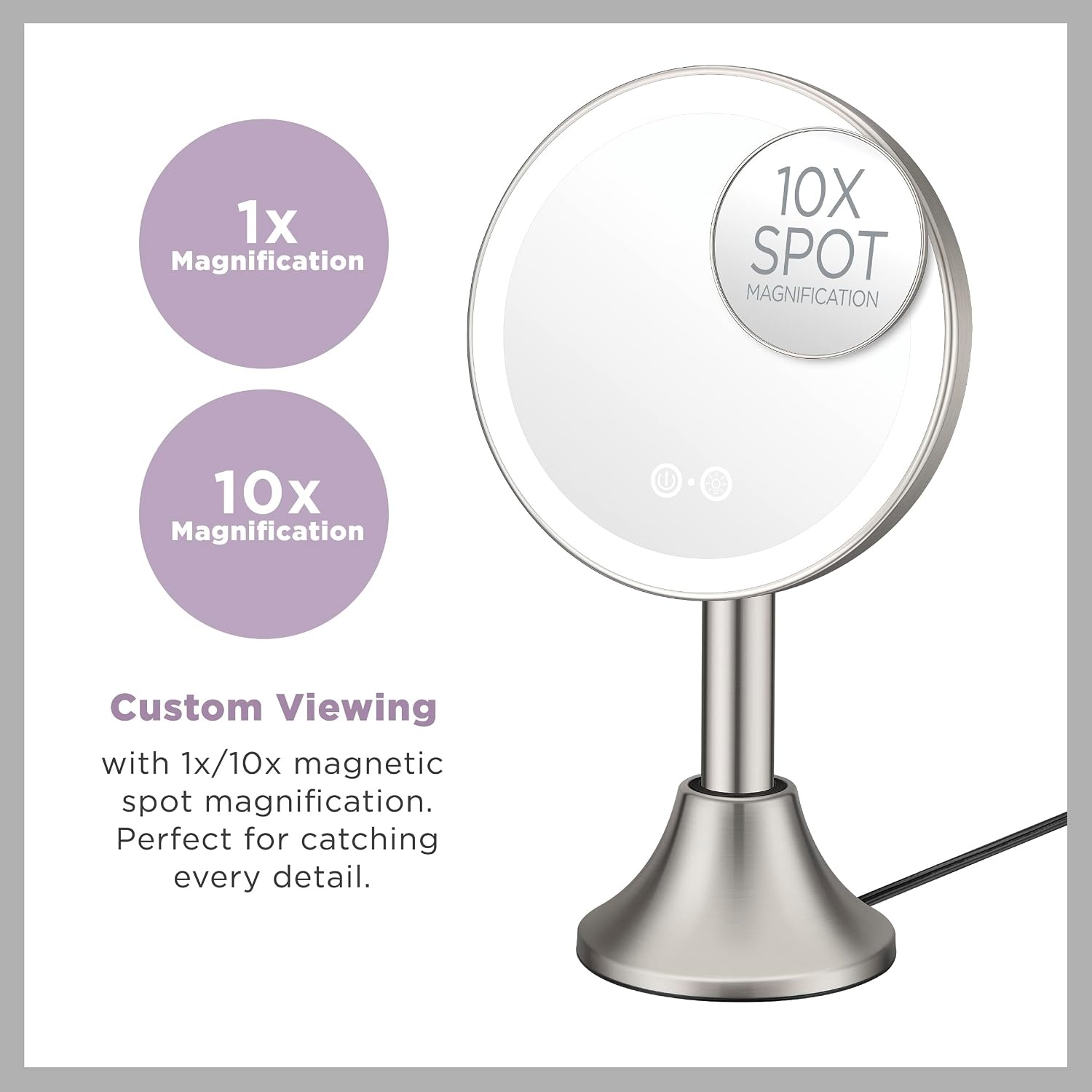 image:imageConair Lighted Makeup Mirror LED Vanity Mirror 1X5X Magnifying Mirror with Adjustable Telescoping Corded in Brushed NickelHandheld Vanity Mirror with Removal Base