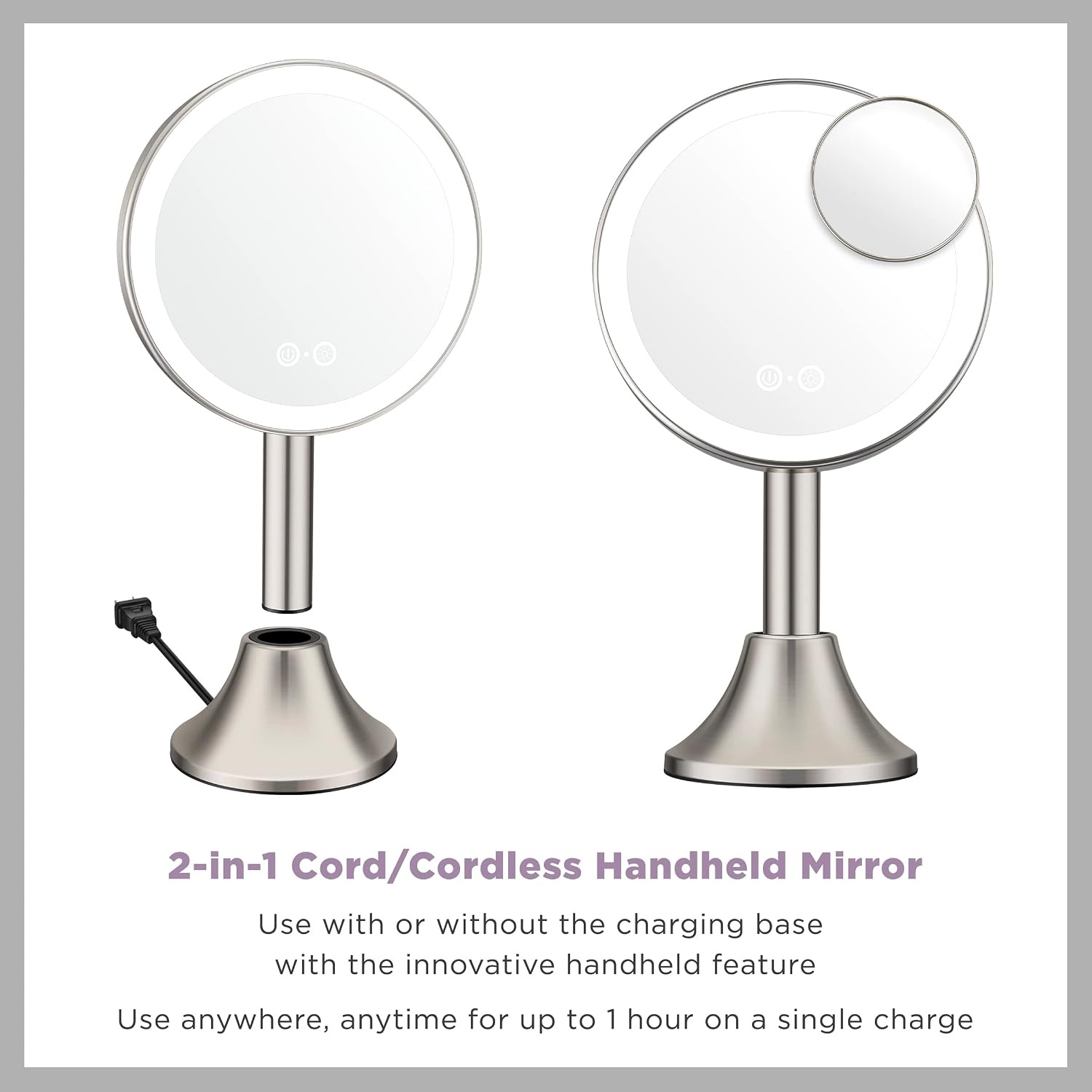 image:imageConair Lighted Makeup Mirror LED Vanity Mirror 1X5X Magnifying Mirror with Adjustable Telescoping Corded in Brushed NickelHandheld Vanity Mirror with Removal Base