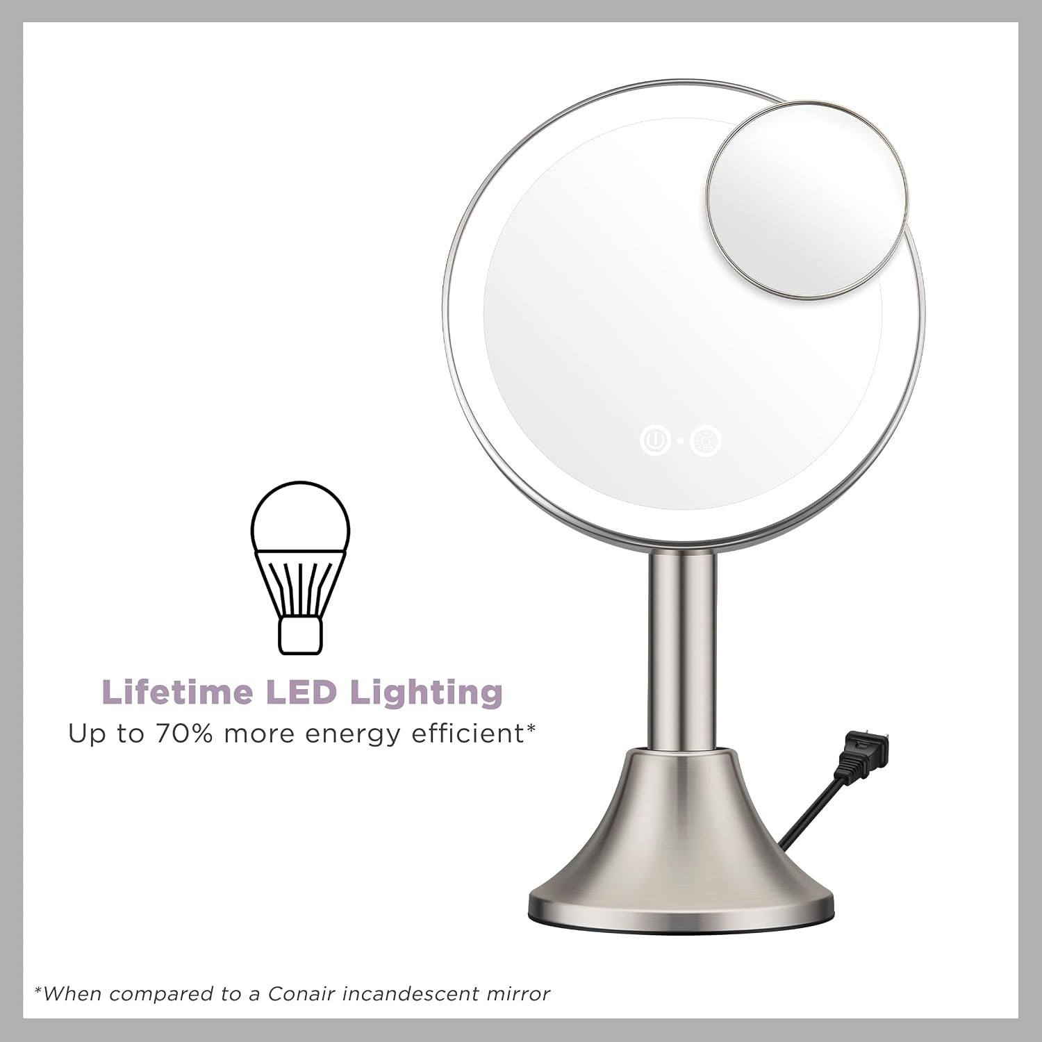 image:imageConair Lighted Makeup Mirror LED Vanity Mirror 1X5X Magnifying Mirror with Adjustable Telescoping Corded in Brushed NickelHandheld Vanity Mirror with Removal Base