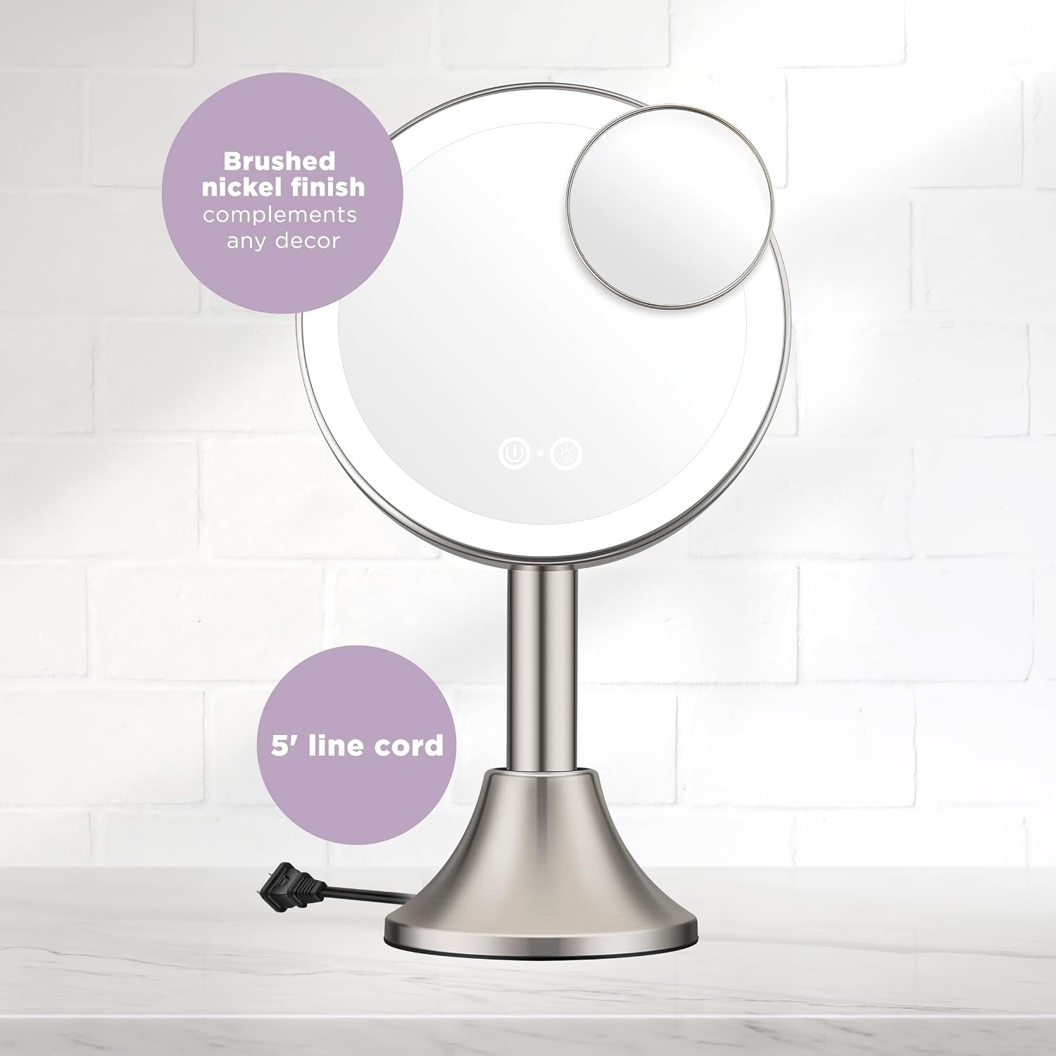 image:imageConair Lighted Makeup Mirror LED Vanity Mirror 1X5X Magnifying Mirror with Adjustable Telescoping Corded in Brushed NickelHandheld Vanity Mirror with Removal Base