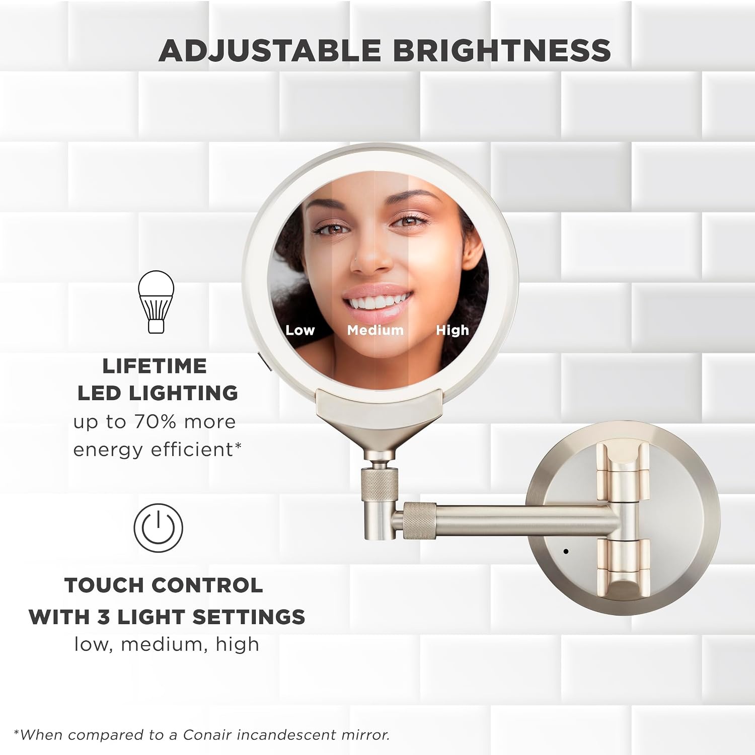 image:imageConair Lighted Makeup Mirror LED Vanity Mirror 1X5X Magnifying Mirror with Adjustable Telescoping Corded in Brushed NickelWall Mount