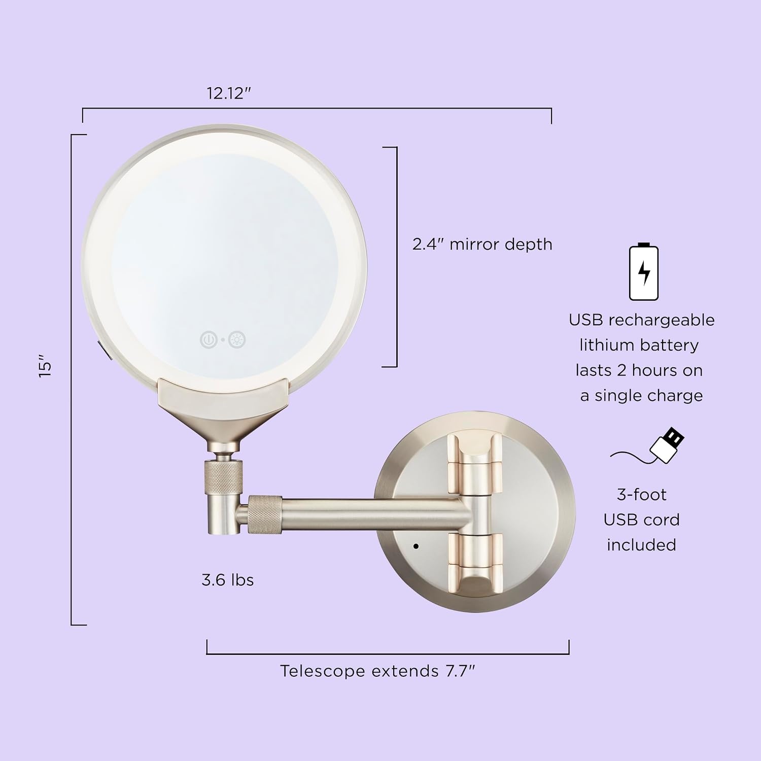 image:imageConair Lighted Makeup Mirror LED Vanity Mirror 1X5X Magnifying Mirror with Adjustable Telescoping Corded in Brushed NickelWall Mount
