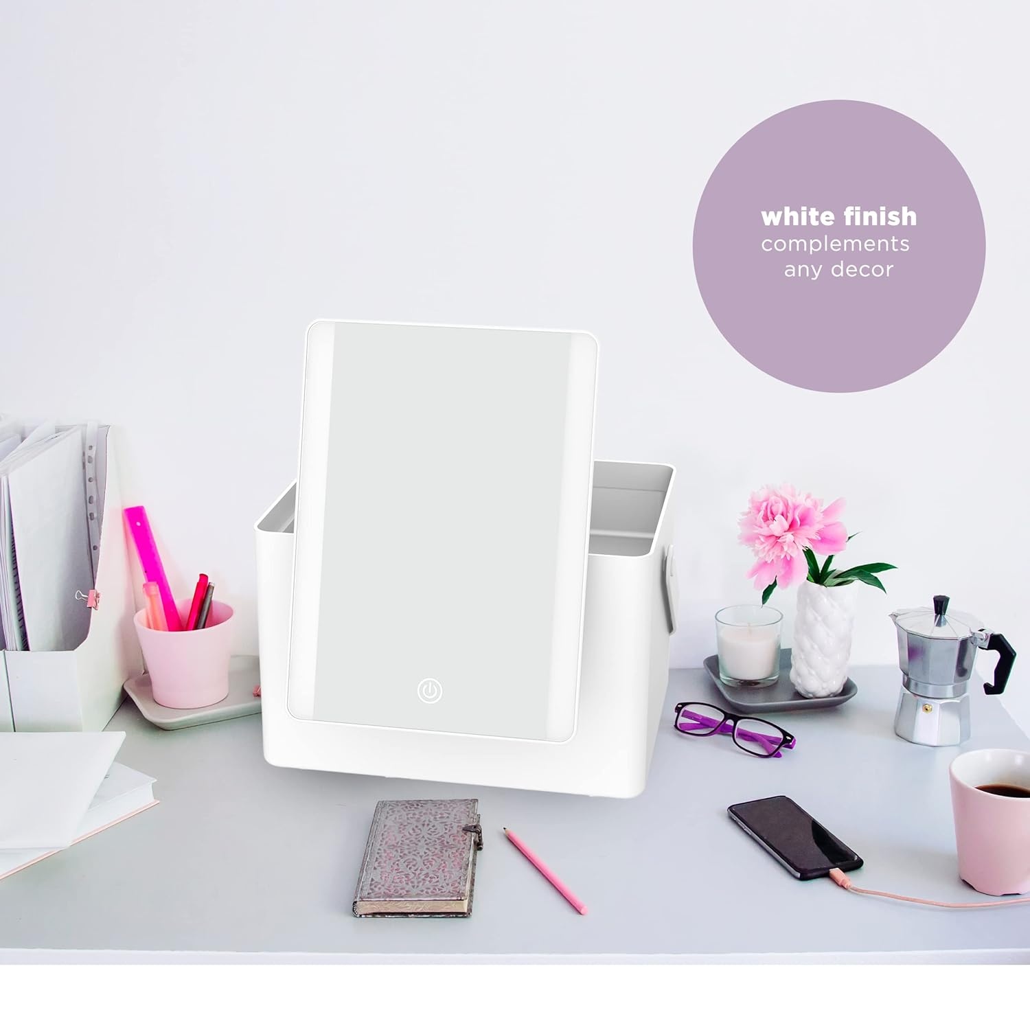 image:imageConair Lighted Makeup Mirror Makeup Organizer with Mirror Storage Box Battery Operated in Glossy White
