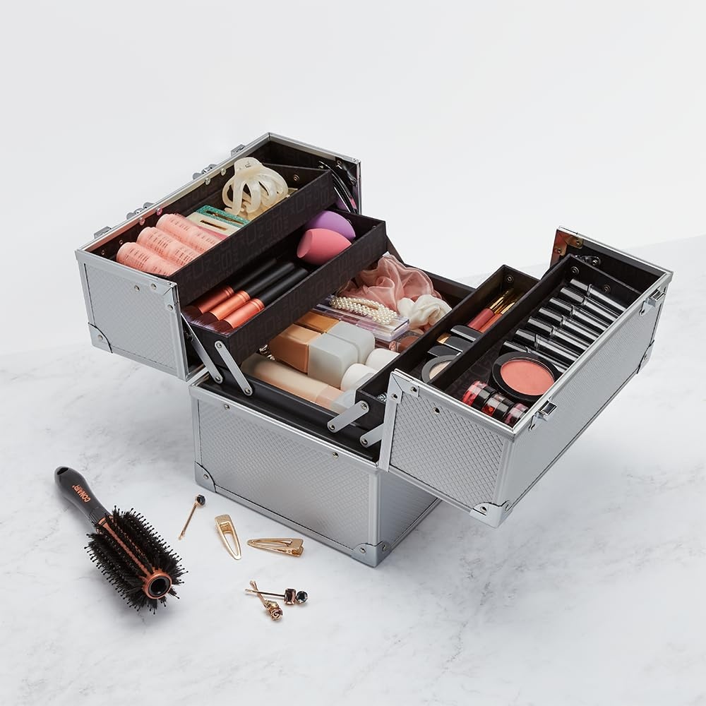 image:imageConair Makeup Beauty Case Cosmetic Case with Expandable Shelves and Locking Latch Professional makeup case Silver Diamond London SOHO New York by ConairSilver
