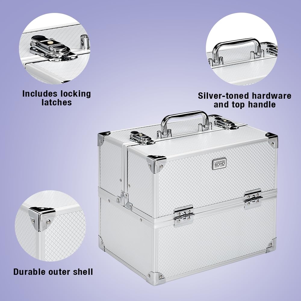 image:imageConair Makeup Beauty Case Cosmetic Case with Expandable Shelves and Locking Latch Professional makeup case Silver Diamond London SOHO New York by ConairSilver