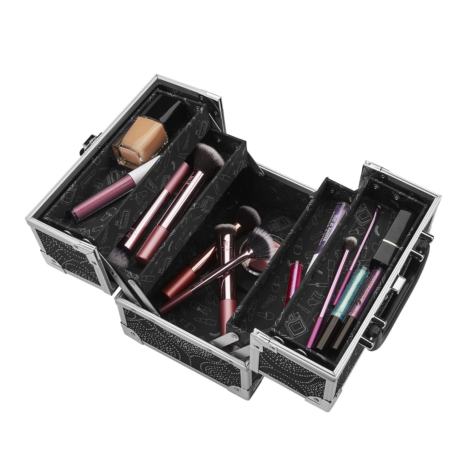 image:imageConair Makeup Beauty Case Cosmetic Case with Expandable Shelves and Locking Latch in Black Print London SOHO New York for ConairBlackSilver