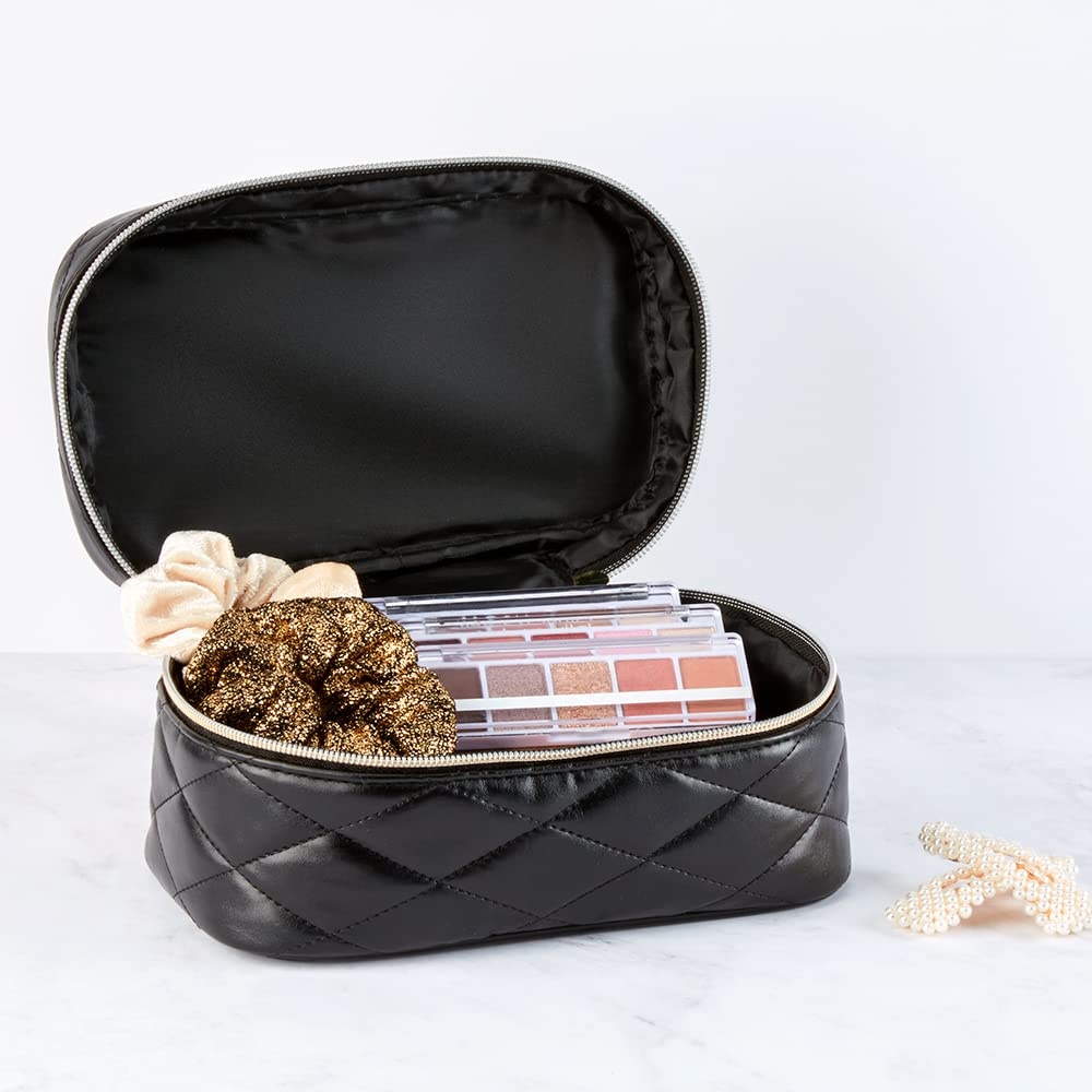 image:imageConair Travel Makeup Bag Large Toiletry and Cosmetic Bag Perfect Size for Use At Home or Travel Train Case Shape in Solid Black with DiamondQuilt Pattern