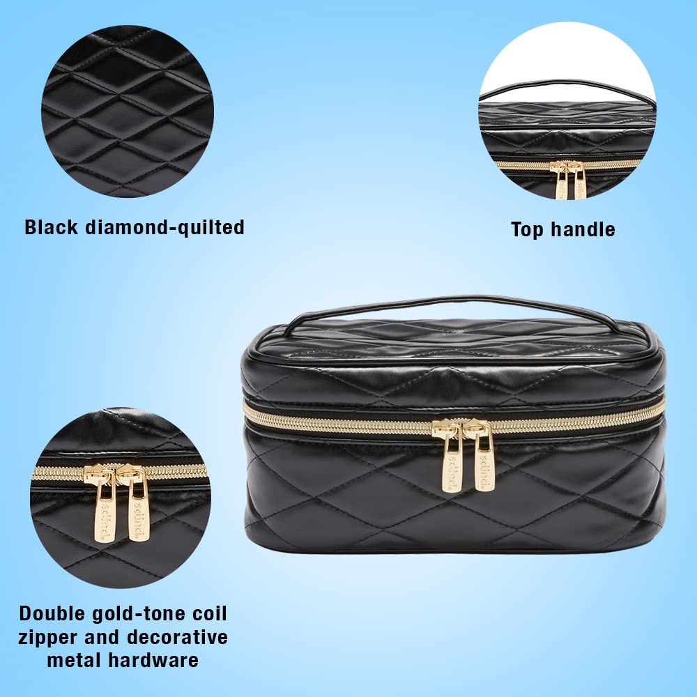 image:imageConair Travel Makeup Bag Large Toiletry and Cosmetic Bag Perfect Size for Use At Home or Travel Train Case Shape in Solid Black with DiamondQuilt Pattern