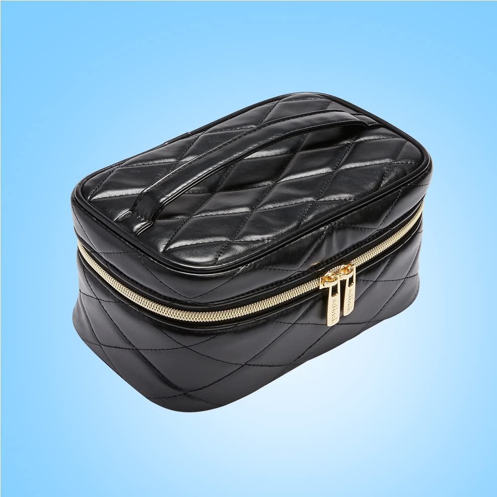 image:imageConair Travel Makeup Bag Large Toiletry and Cosmetic Bag Perfect Size for Use At Home or Travel Train Case Shape in Solid Black with DiamondQuilt Pattern
