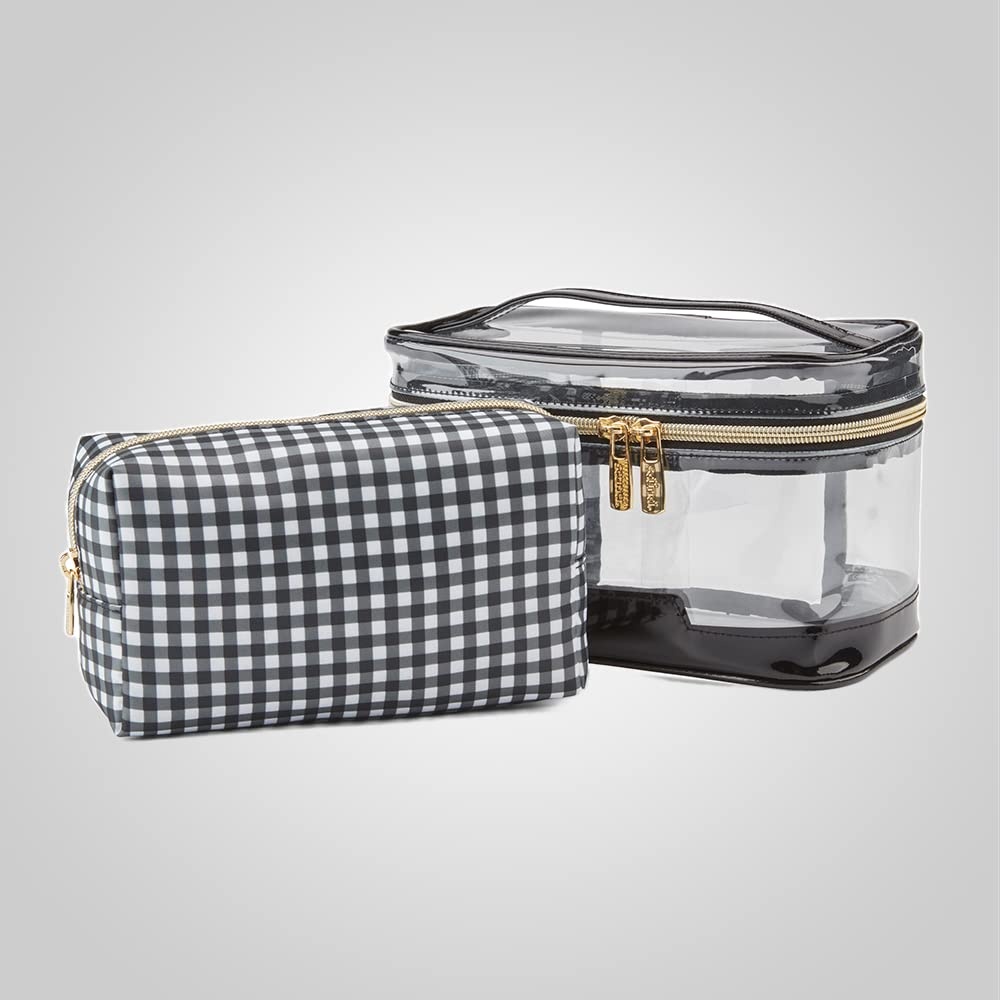 image:imageConair Travel Makeup Bag Large Toiletry and Cosmetic Bag Perfect Size for Use At Home or Travel Two Piece Train Case Set in Clear PVC and Black Checkers