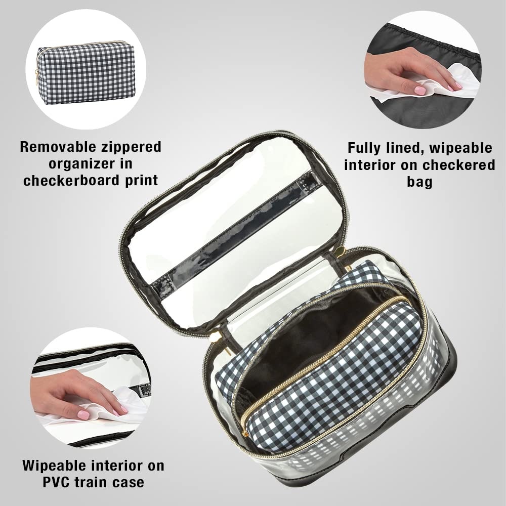 image:imageConair Travel Makeup Bag Large Toiletry and Cosmetic Bag Perfect Size for Use At Home or Travel Two Piece Train Case Set in Clear PVC and Black Checkers