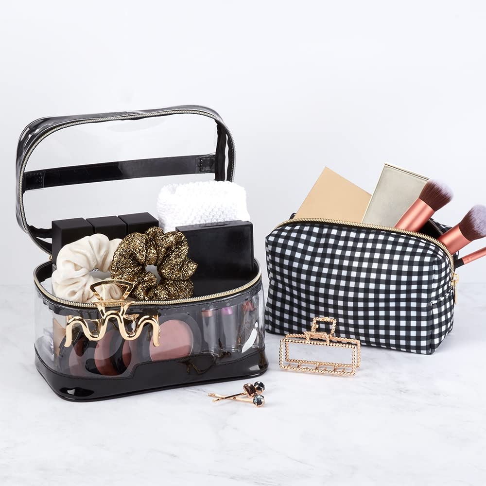 image:imageConair Travel Makeup Bag Large Toiletry and Cosmetic Bag Perfect Size for Use At Home or Travel Two Piece Train Case Set in Clear PVC and Black Checkers