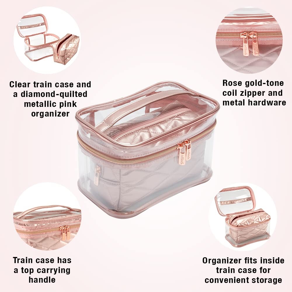 image:imageConair Travel Makeup Bag Large Toiletry and Cosmetic Bag Perfect Size for Use At Home or Travel Two Piece Train Case Set in Rose Pink Metallic Quilt